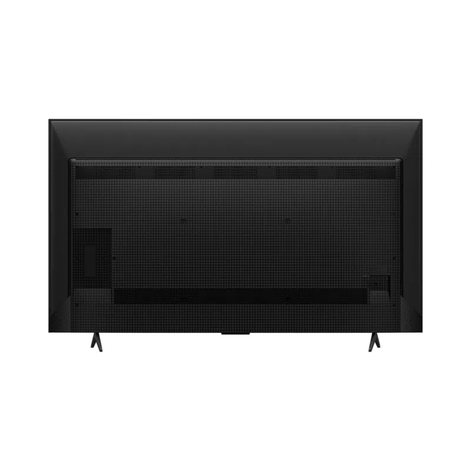 Retro di una TV nera con griglia di ventilazione e gambe di supporto.