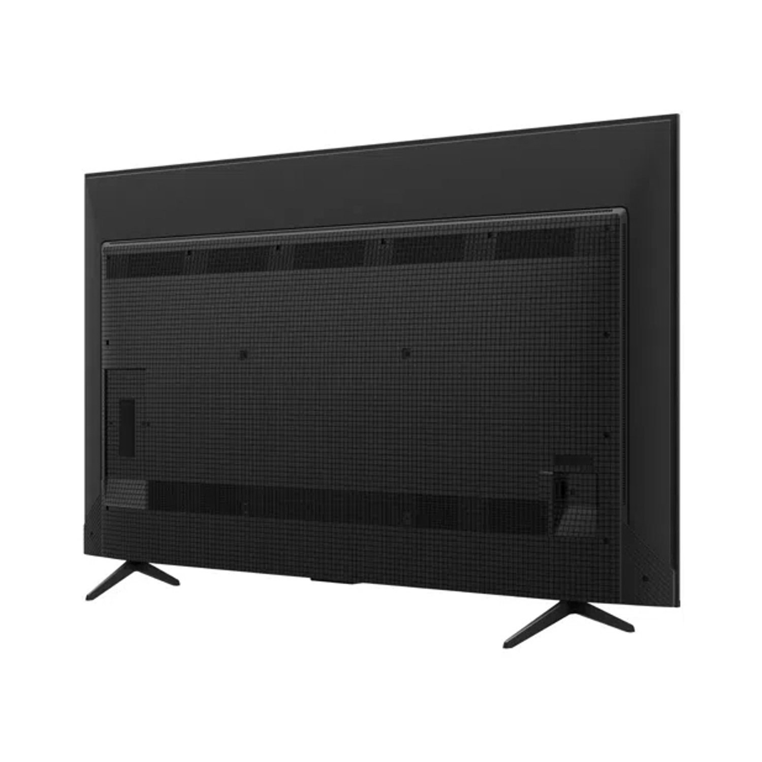 Retro di una TV nera con supporto, su sfondo bianco.