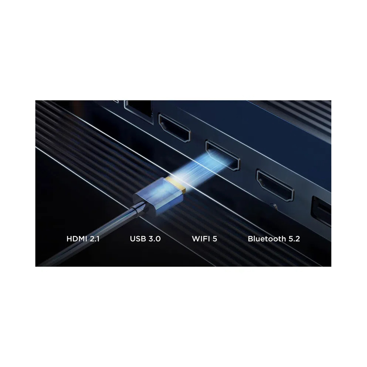 Un cavo HDMI 2.1 si collega a una porta. USB 3.0, WiFi 5 e Bluetooth 5.2 sono etichettati.
