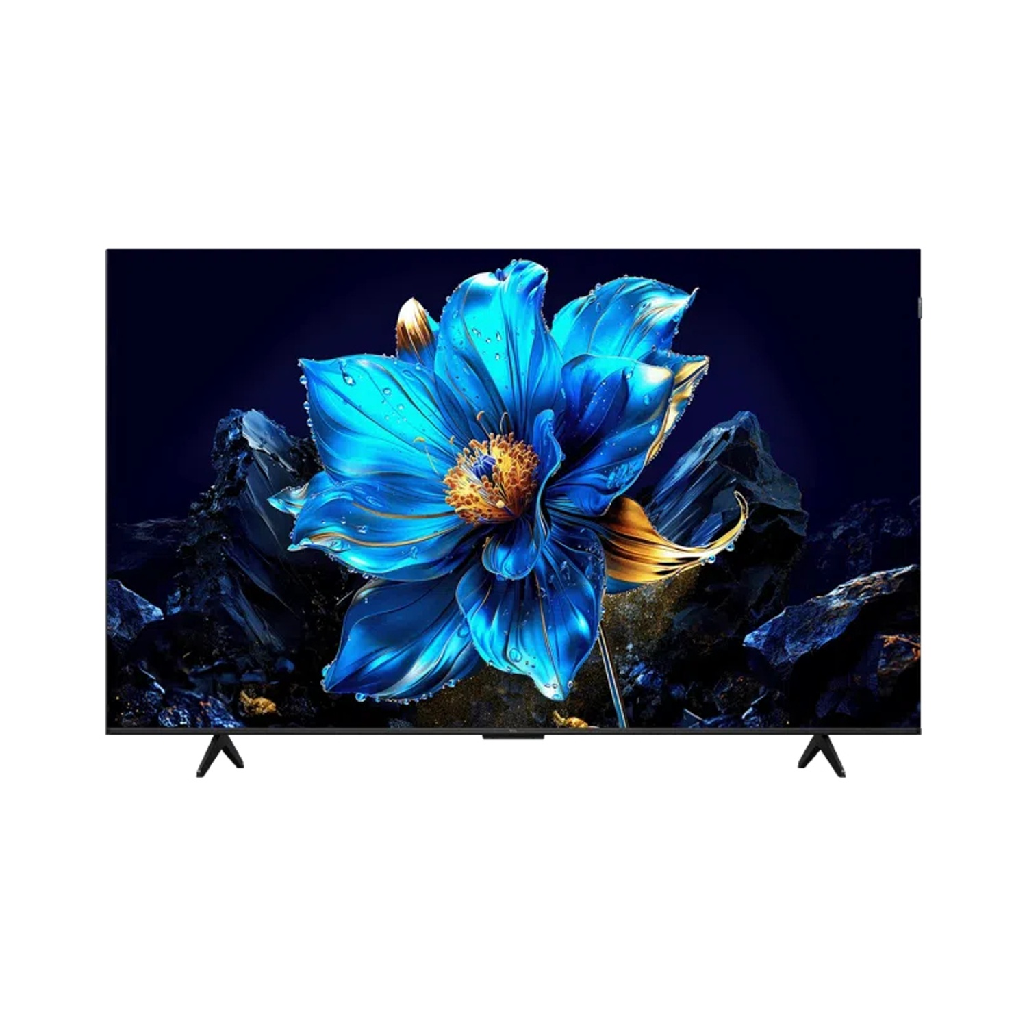 Un fiore blu e scintillante con gocce d'acqua su sfondo scuro.
