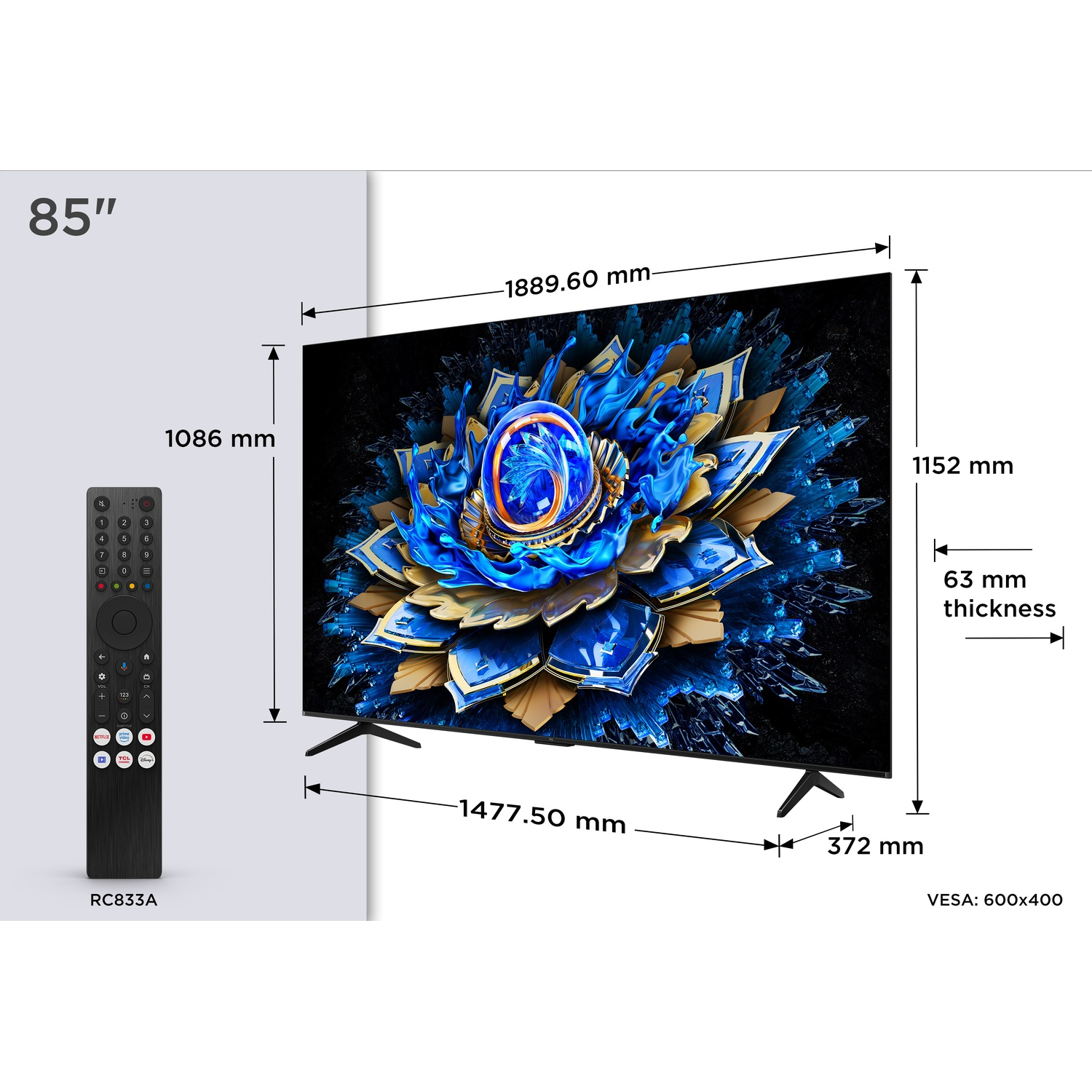 TV da 85 pollici con telecomando e dimensioni: 1889x1152x63mm.