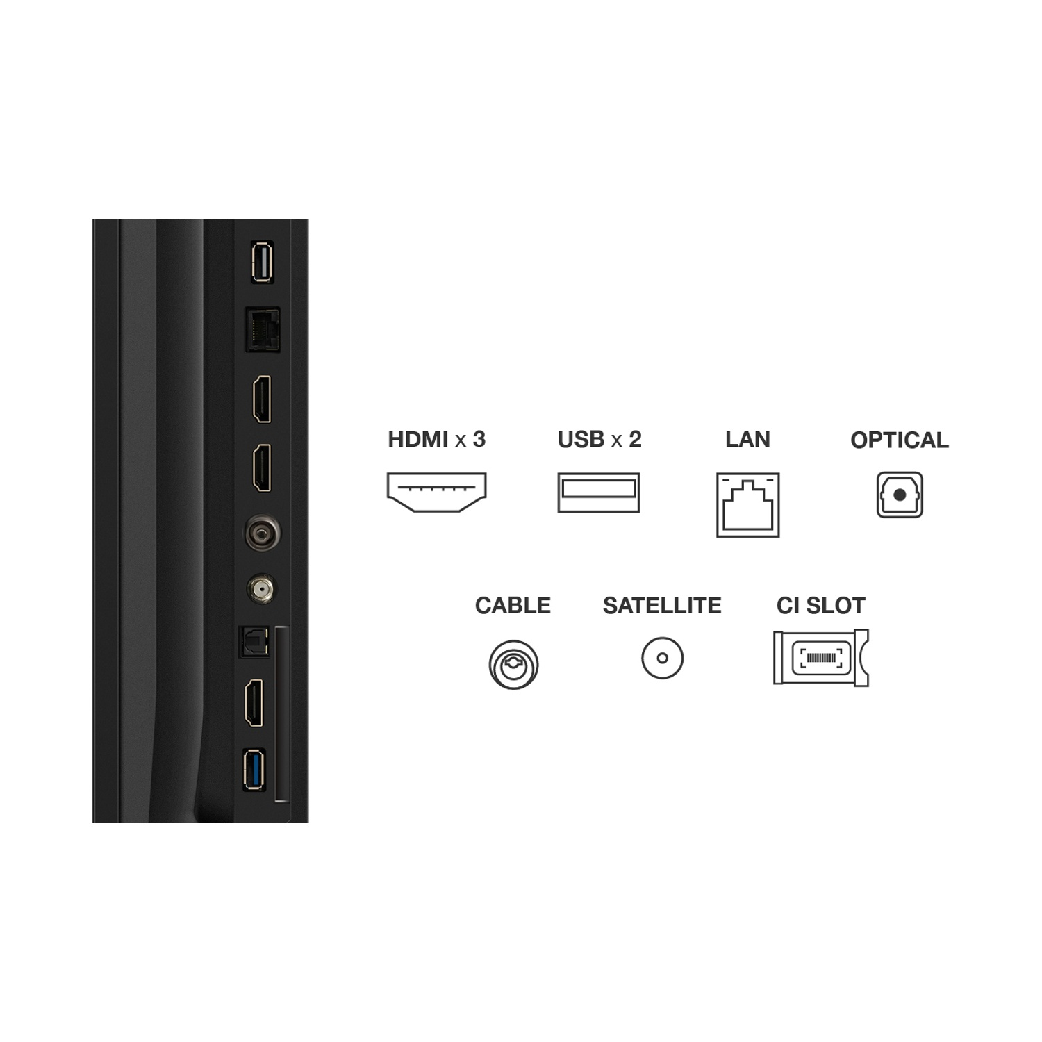 Pannello di connessione con HDMI, USB, LAN, Ottico, Cavo, Satellite e slot CI.