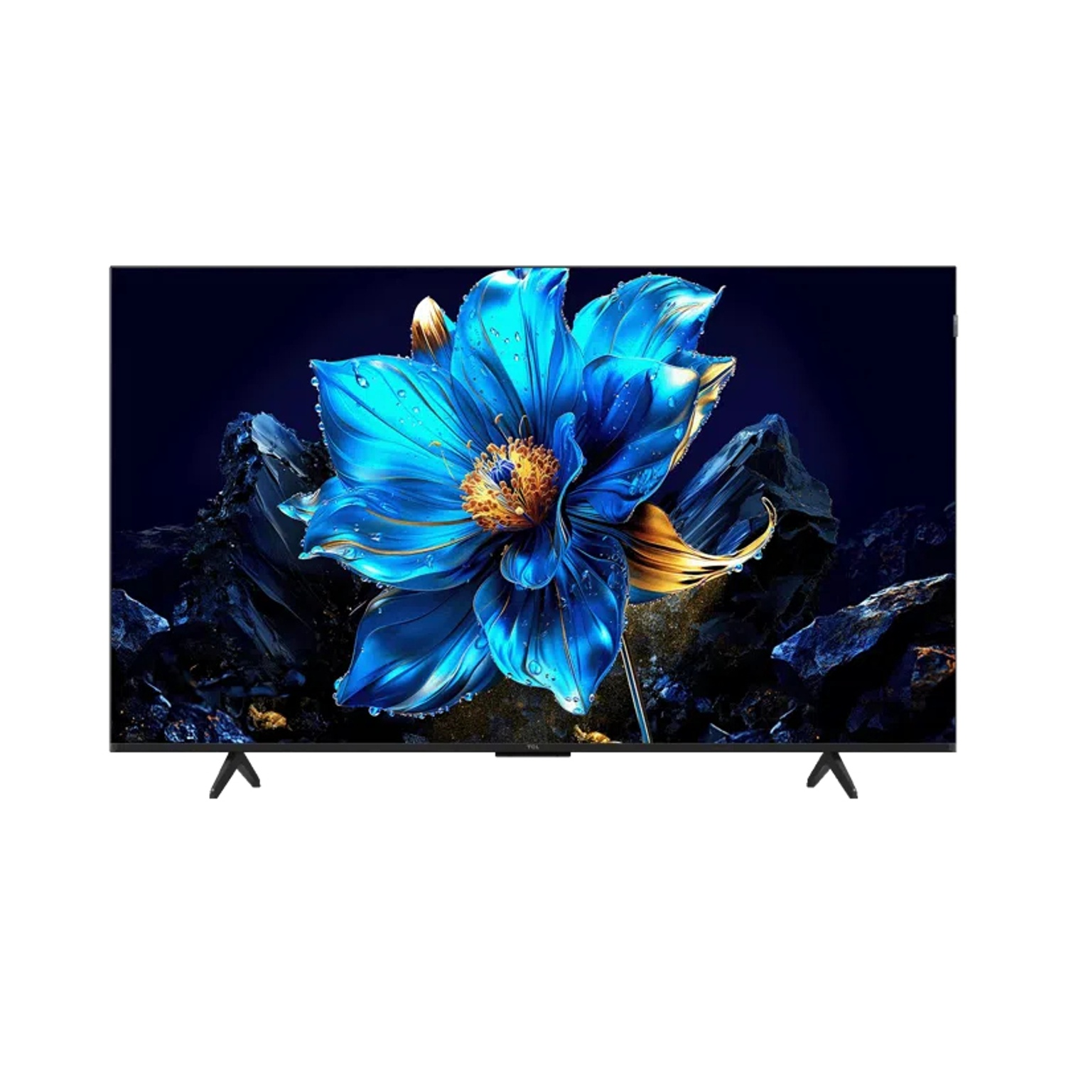 Un fiore blu e dorato blu con gocce d'acqua su sfondo scuro.