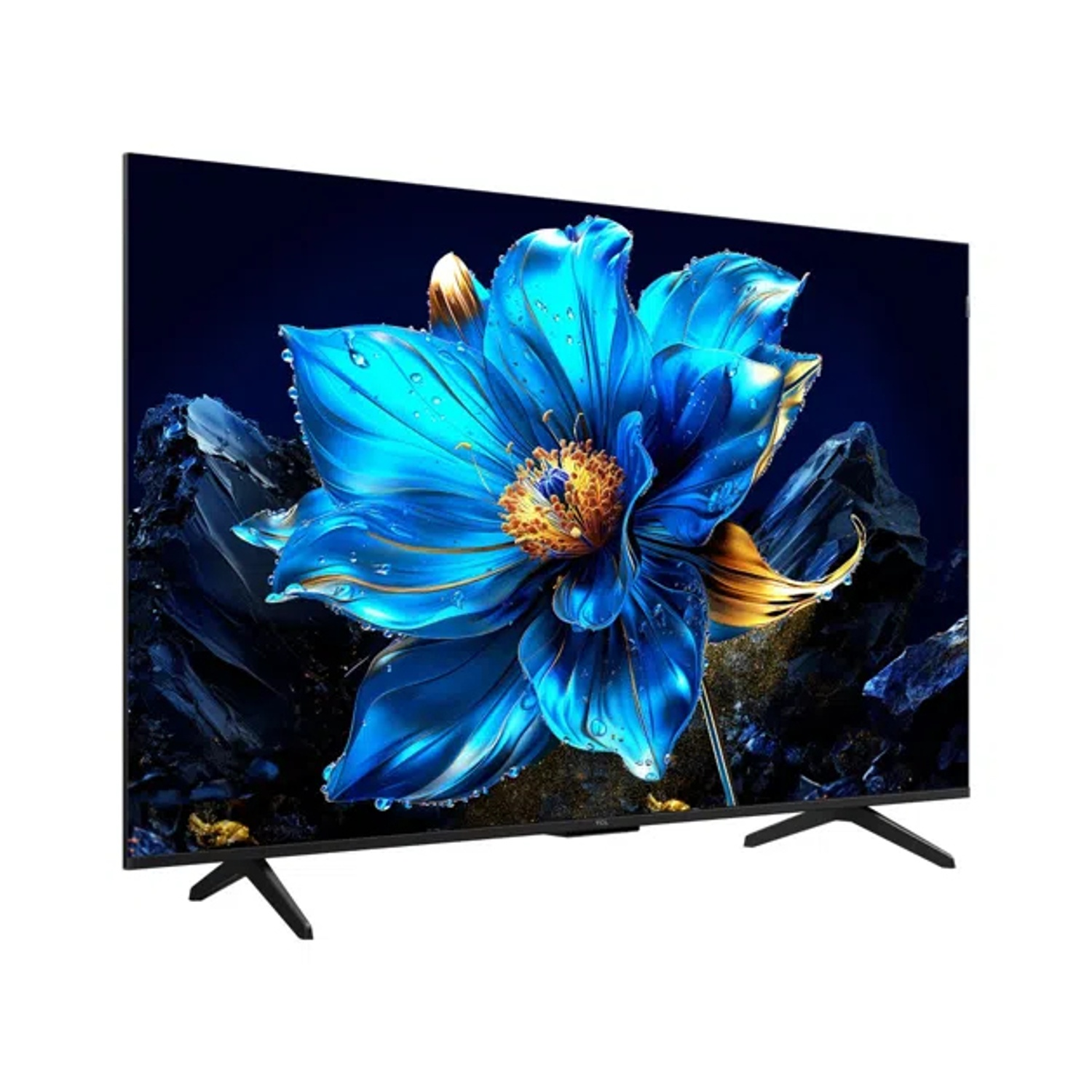 Uno schermo TV mostra un fiore blu con accenti dorati su sfondo scuro.