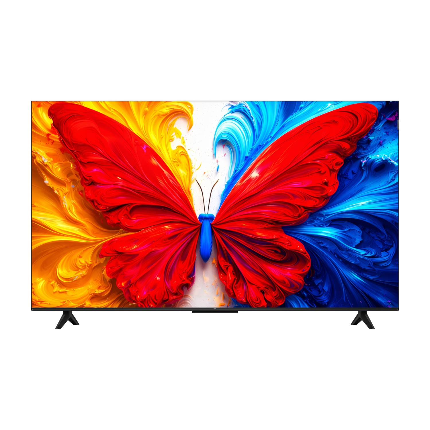 Una TV moderna mostra un'immagine astratta di farfalla in rosso, giallo e blu.