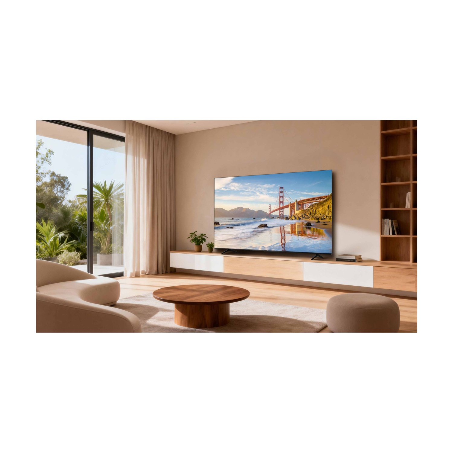 Un soggiorno moderno con TV che mostra il Golden Gate Bridge.