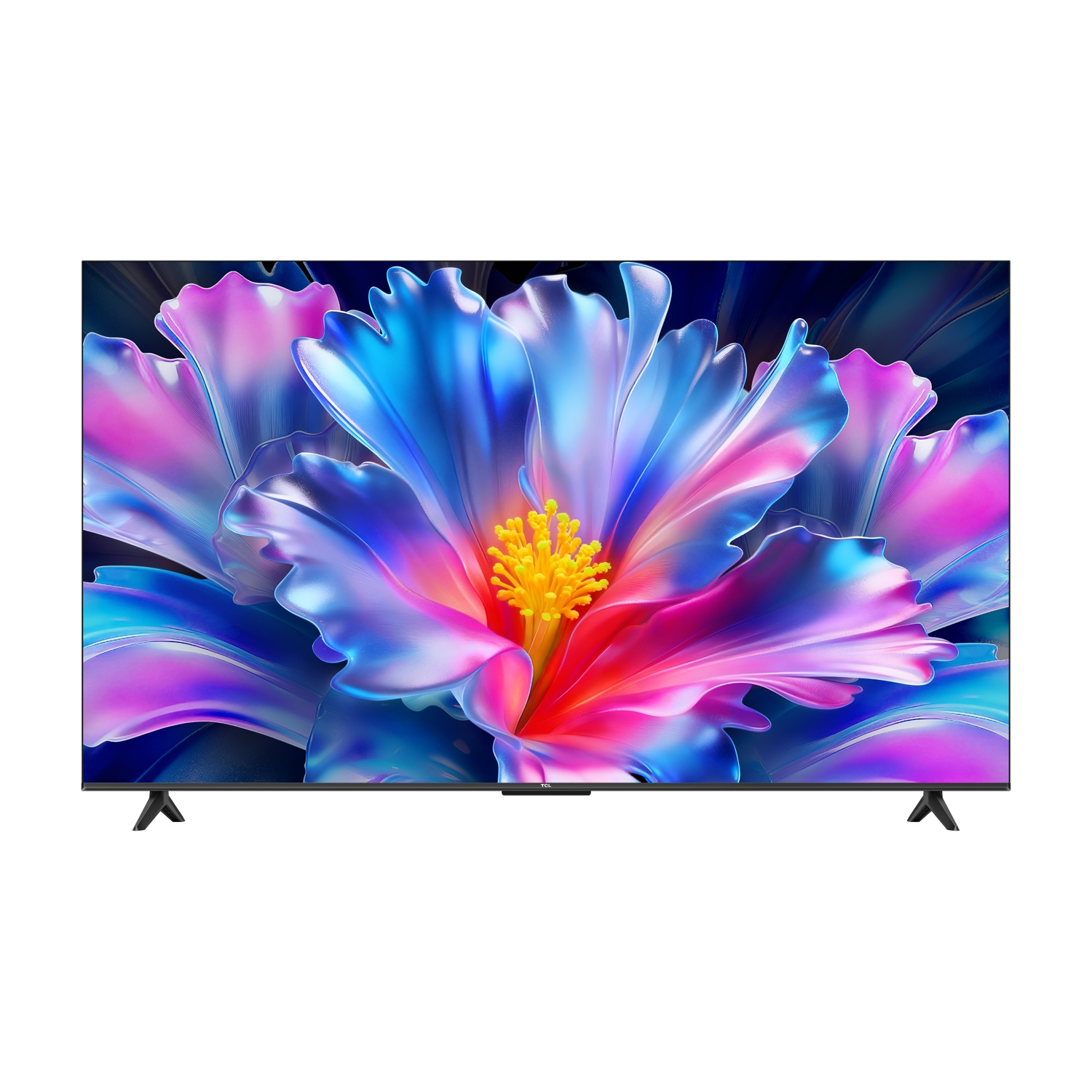 Una TV moderna mostra un'immagine floreale astratta e vibrante con petali blu e rosa.