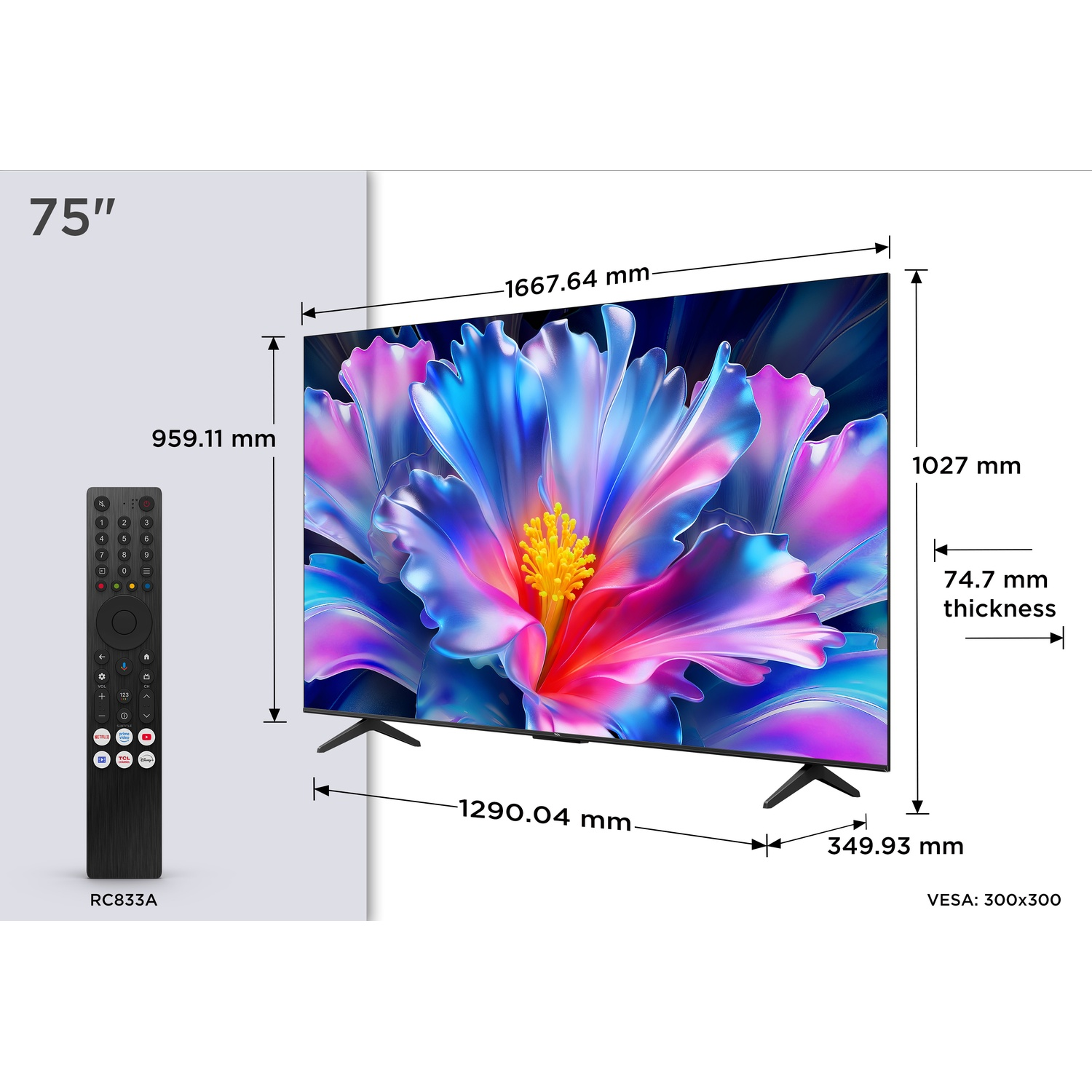 TV da 75 pollici con dimensioni. Un telecomando nero a sinistra.