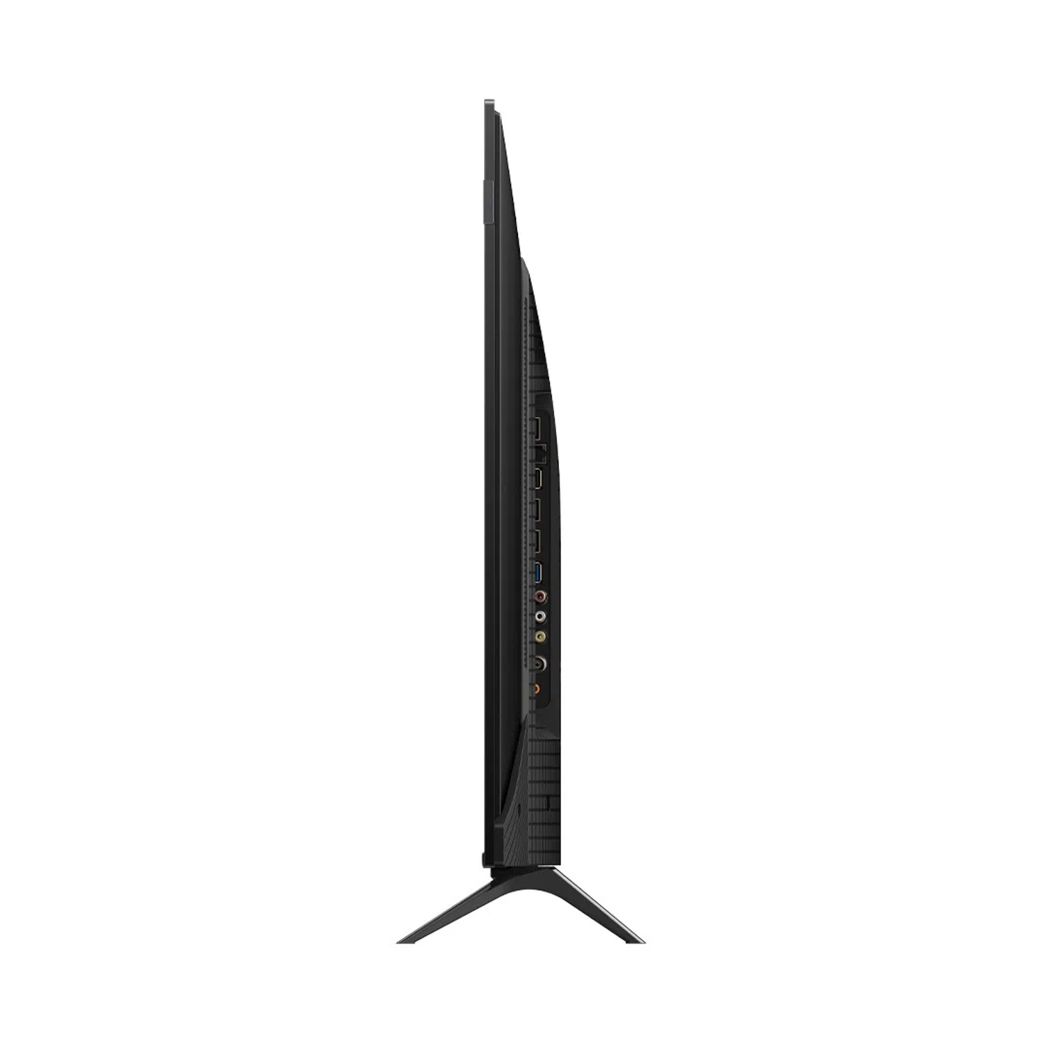 Vista laterale di un televisore nero con porte e base sottile su sfondo bianco.