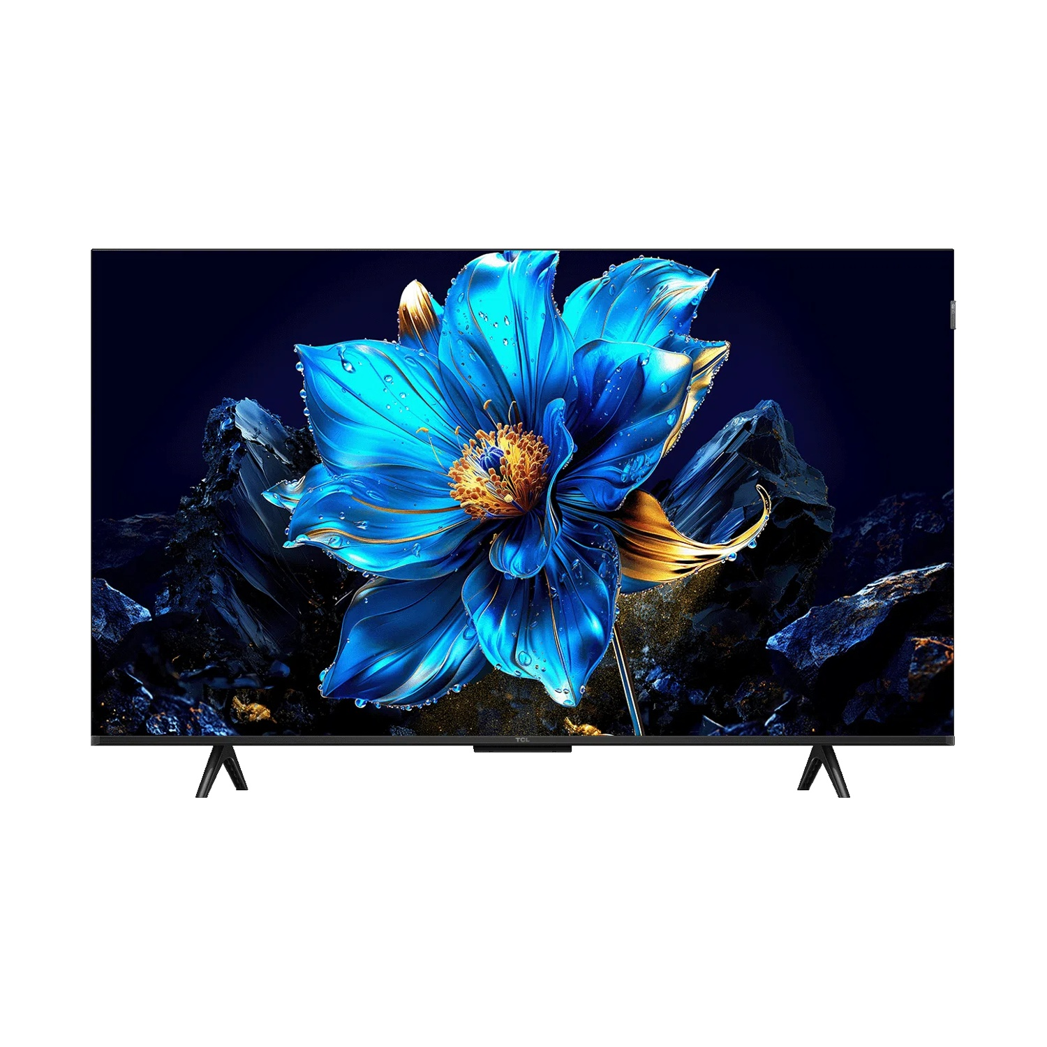 Un sogno di fiore blu su sfondo scuro con pietre.