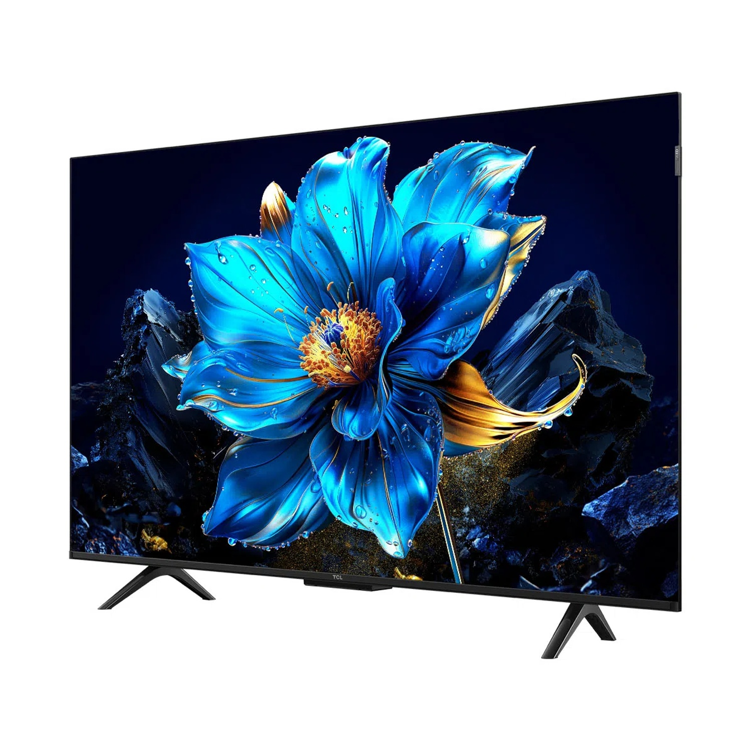 Un'elegante TV nera mostra un vibrante fiore blu con accenti dorati su uno sfondo scuro e roccioso.