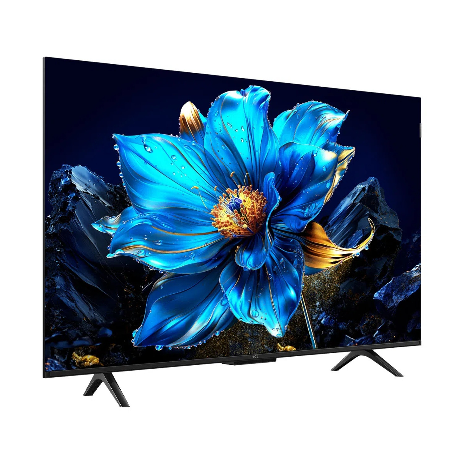 Un sogno di fiore blu e scintillante su sfondo scuro, mostrato in TV.