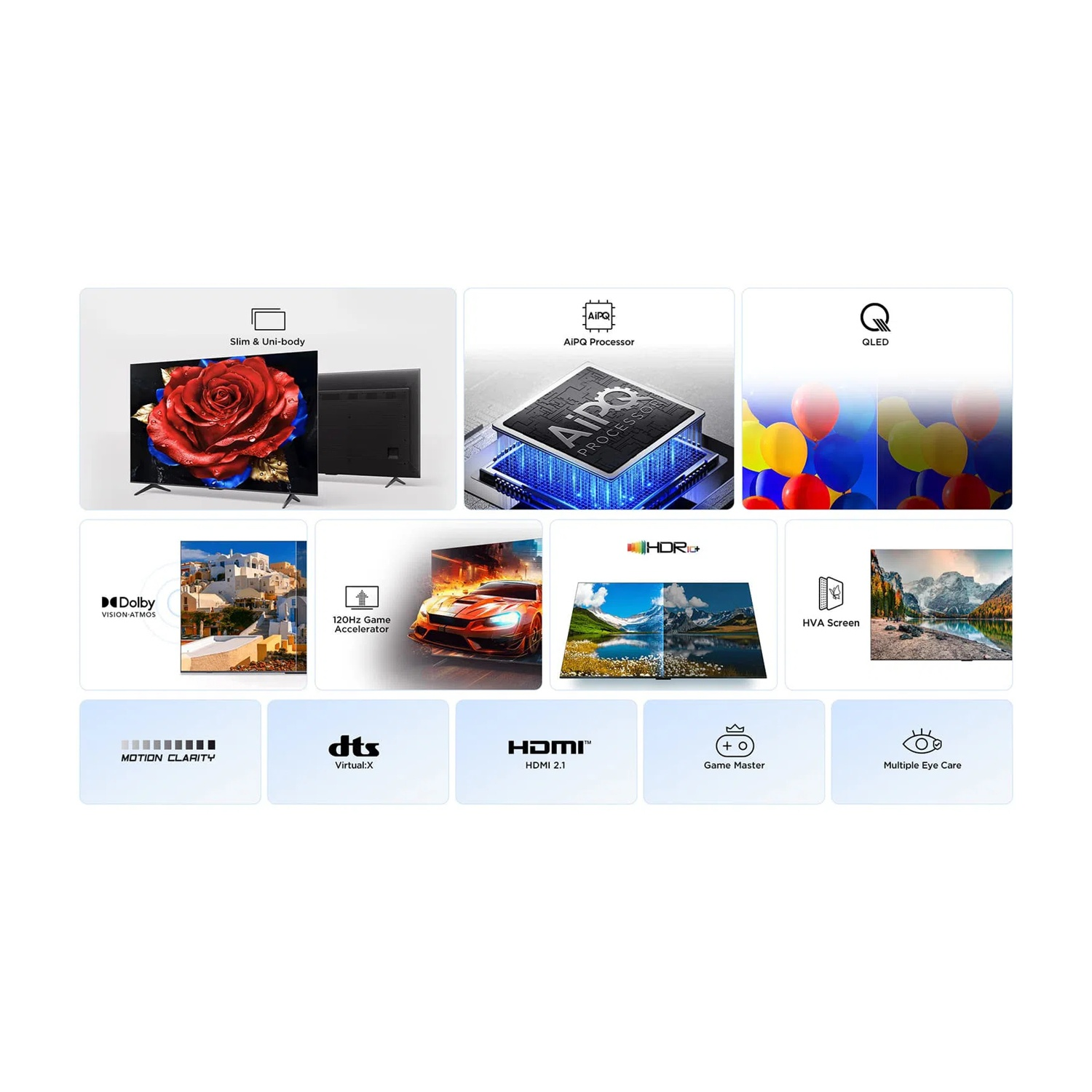 Caratteristiche TV: Design sottile, processore AIPQ, QLED, Dolby Vision, 120Hz, HDR, HDMI 2.1.