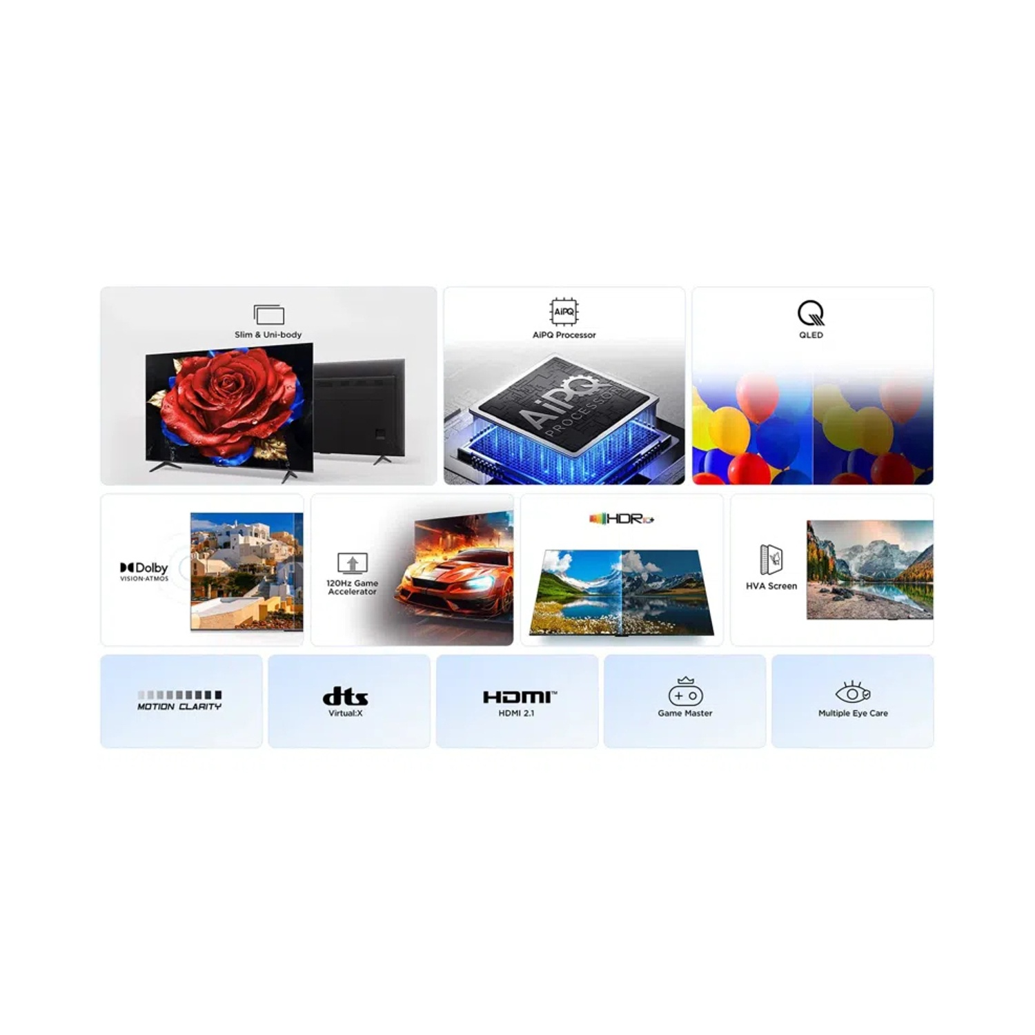 Collage di funzionalità TV: design sottile, processore AI, QLED, Dolby Vision, 120Hz, HDR, HVA, Motion Clarity, DTS, HDMI 2.1, Game Master.