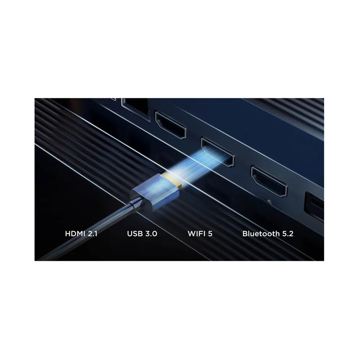 Un cavo si collega a una porta, etichettata HDMI 2.1, USB 3.0, WIFI 5, Bluetooth 5.2.