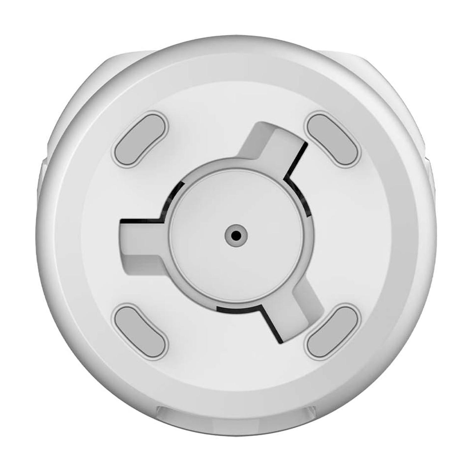 Rilevatore di fumo rotondo bianco con pulsanti grigi e sensore centrale.
