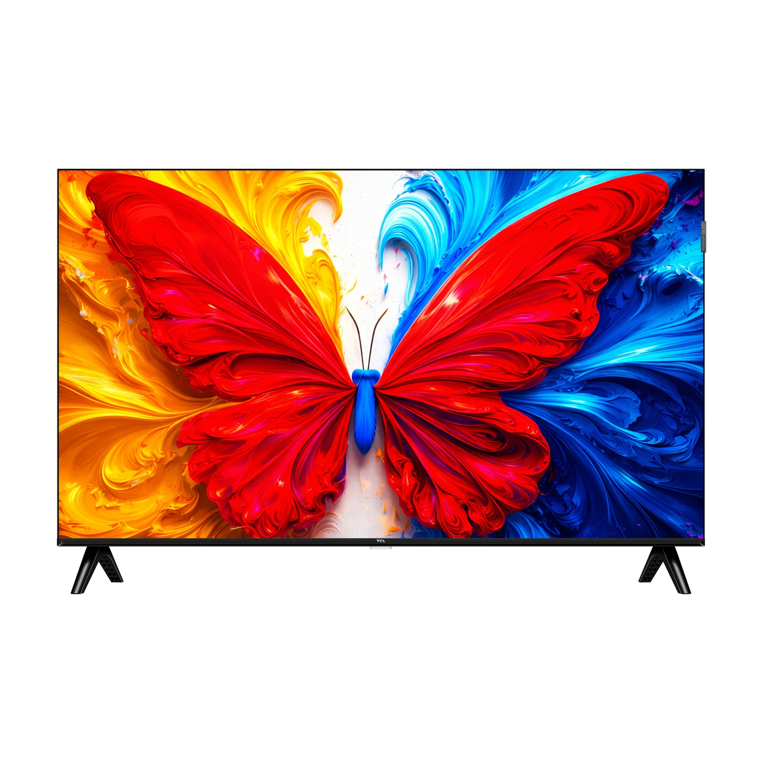 Una TV moderna che mostra un'immagine colorata di farfalla in rosso, giallo e blu.