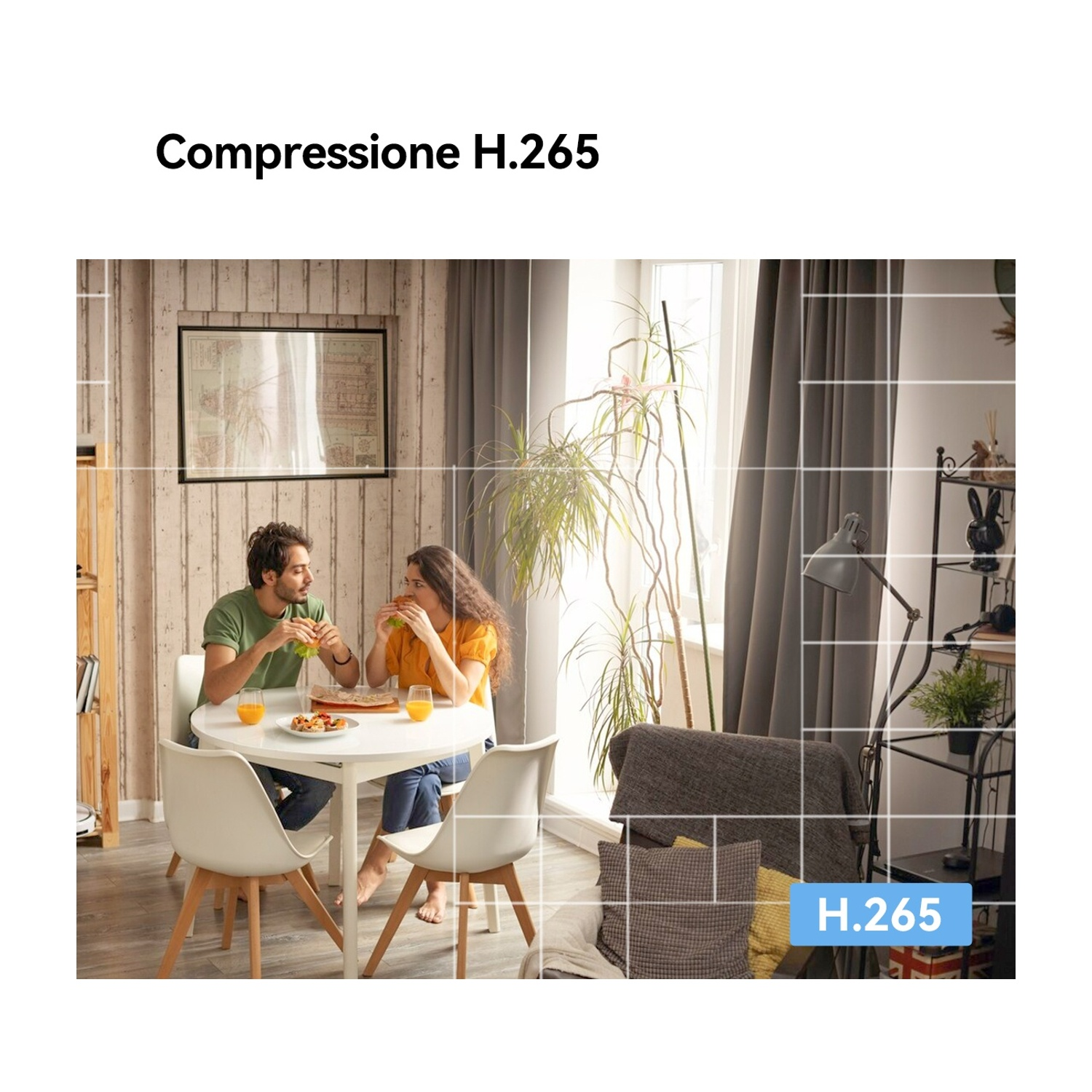 Una coppia mangia hamburger a un tavolo rotondo in un soggiorno. H.265.