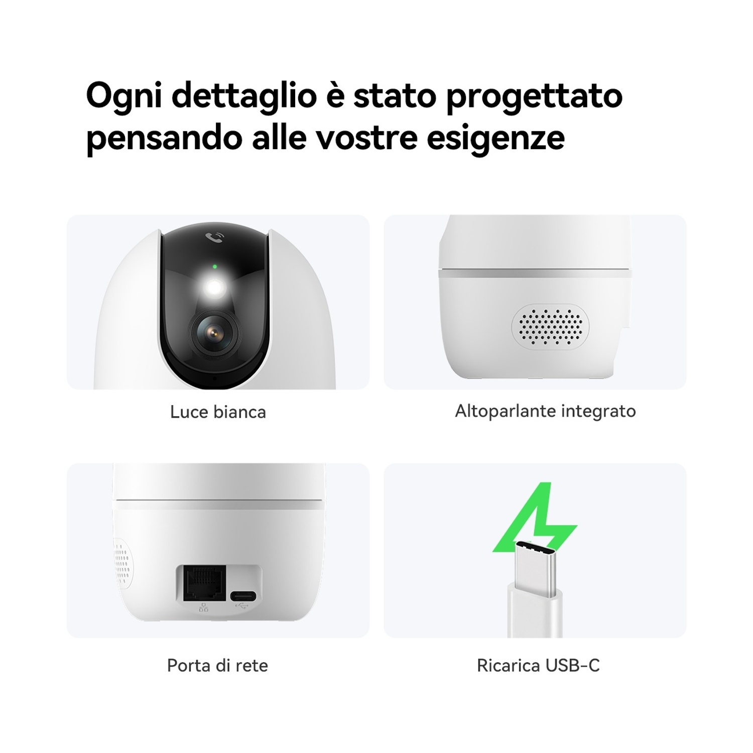 Primo piano di telecamera di sicurezza bianca: lente, altoparlante, porta di rete e cavo USB-C.