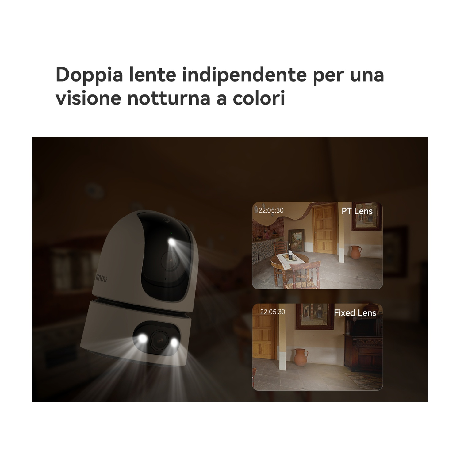 Telecamera di sicurezza con doppia lente, una PT e una fissa.