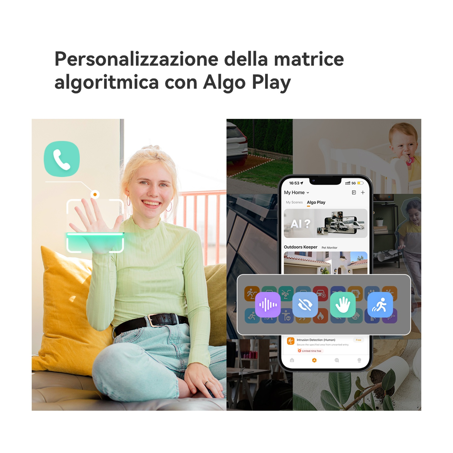 Donna bionda seduta sul divano, con mano alzata.