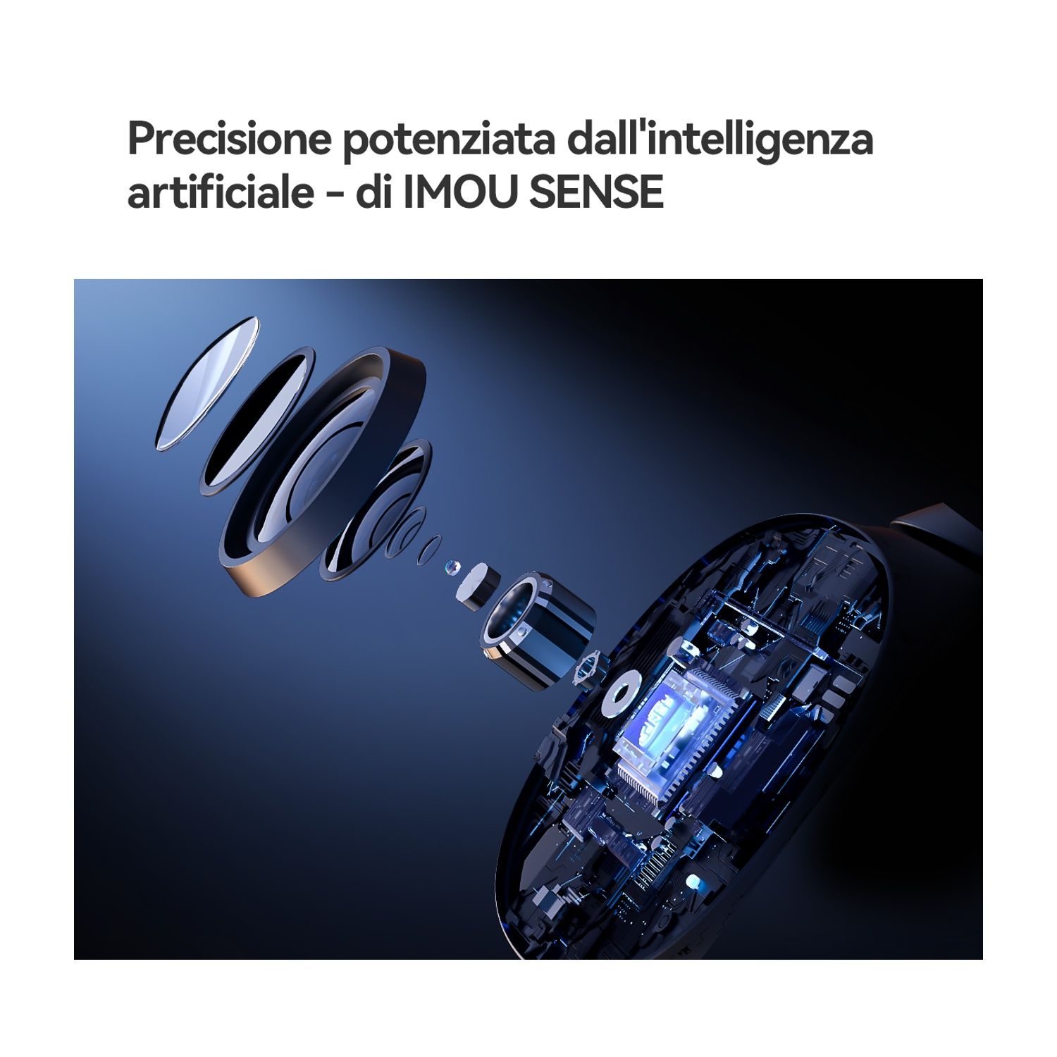 Vista esplosa di una lente di fotocamera AI con circuiti.