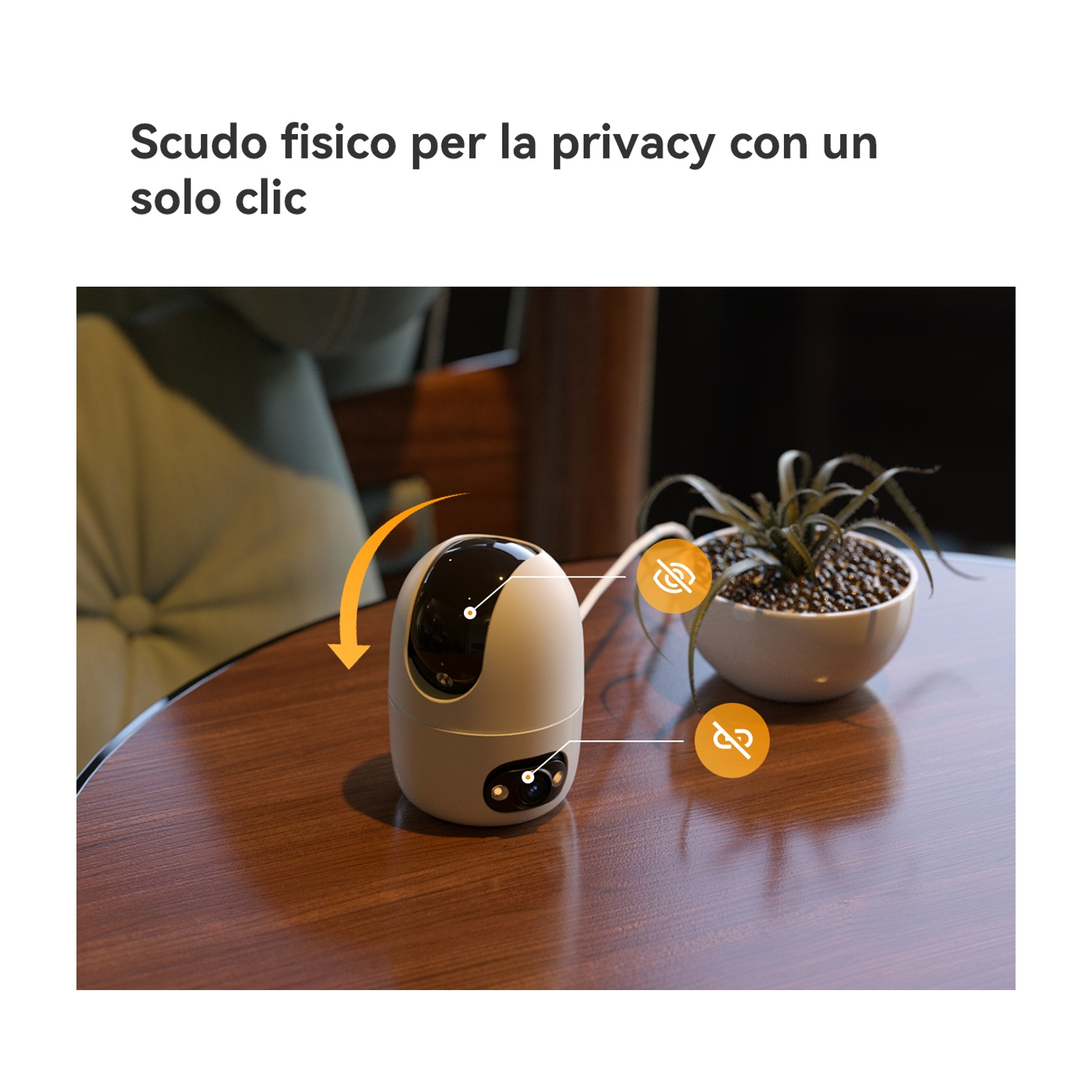 Telecamera di sicurezza bianca su tavolo di legno con piante.