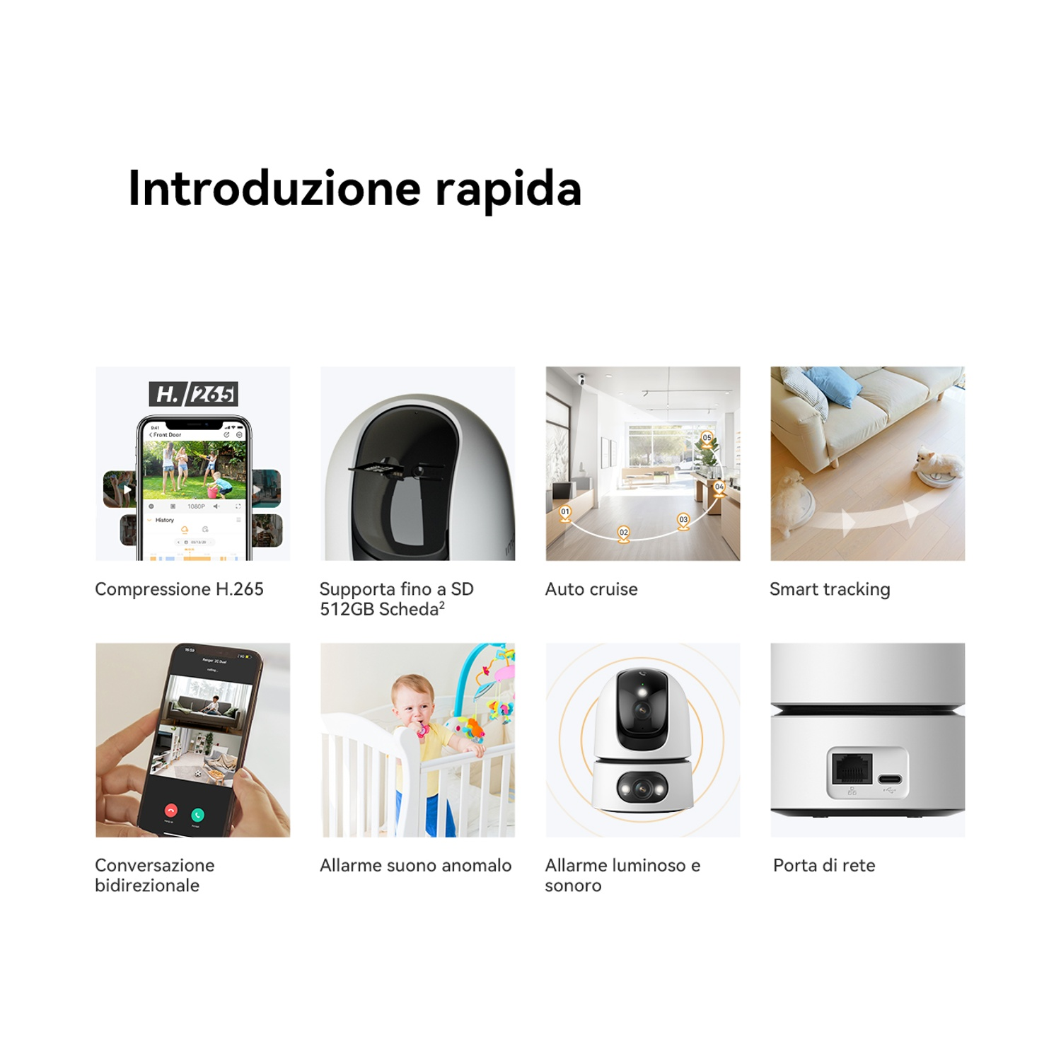 Panoramica con 8 riquadri: vista app, telecamera, soggiorno, aspirapolvere robot, smartphone, bambino, telecamera.