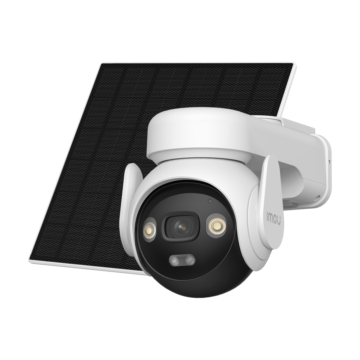 Una telecamera di sicurezza bianca con obiettivo nero e pannello solare.