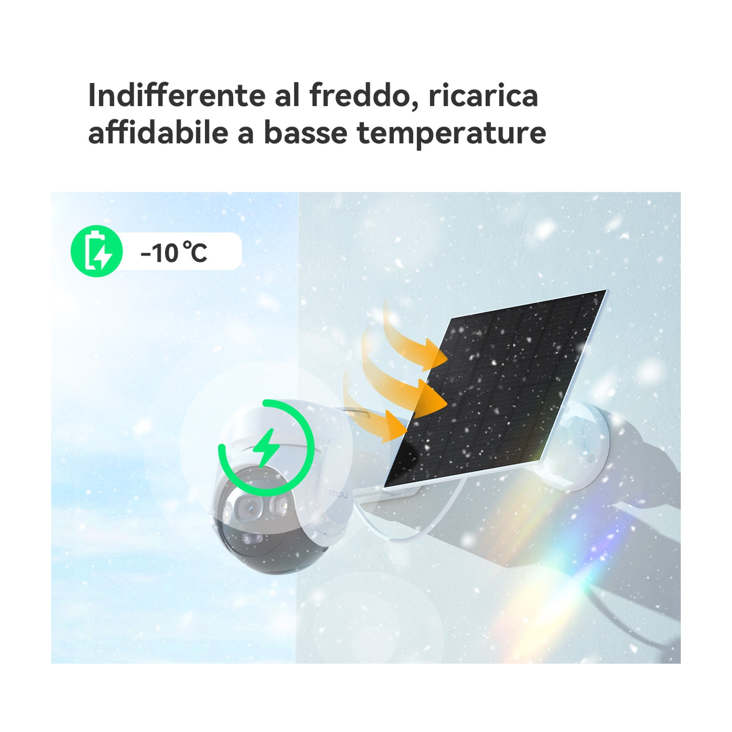 Telecamera di sicurezza con pannello solare nella neve, che mostra -10°C.