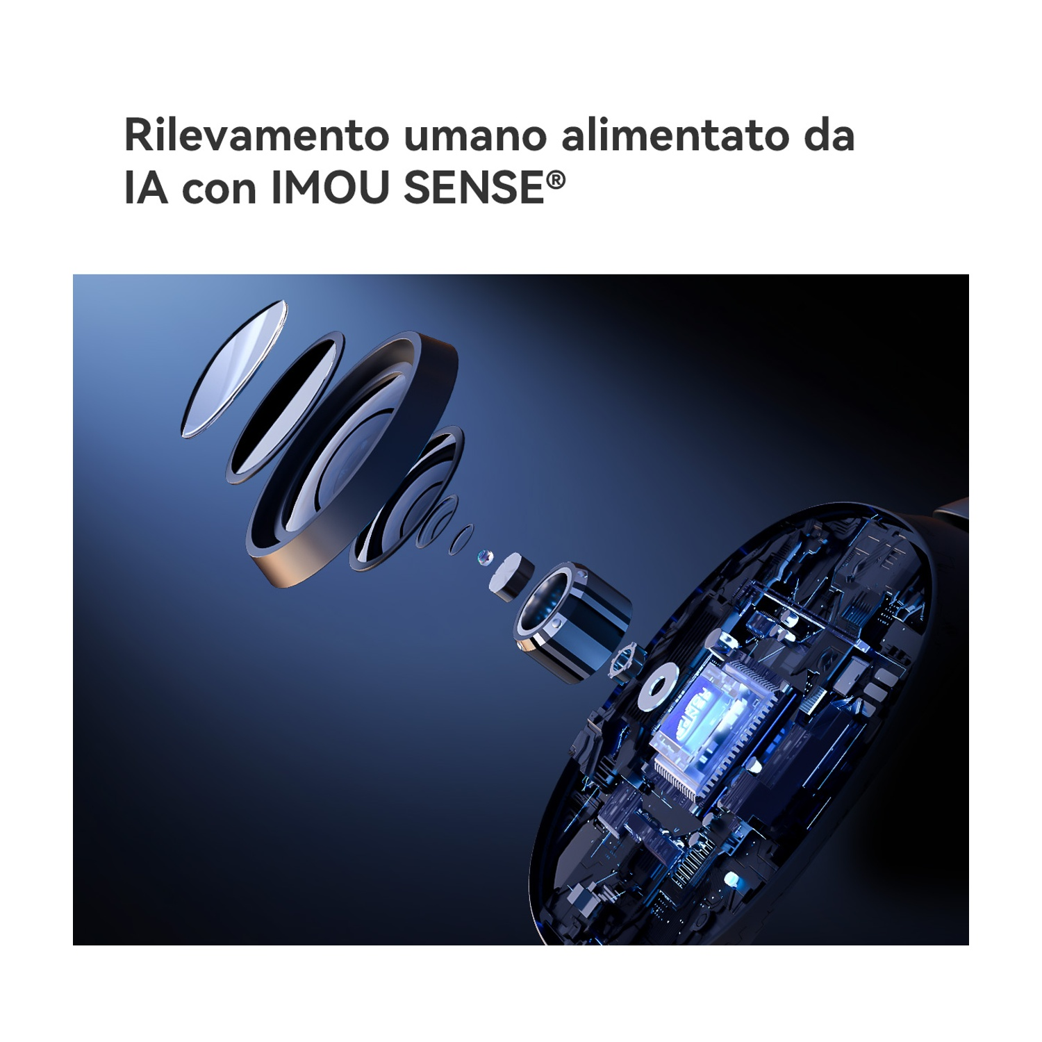 Vista esplosa di un obiettivo e circuito con chip blu luminoso.