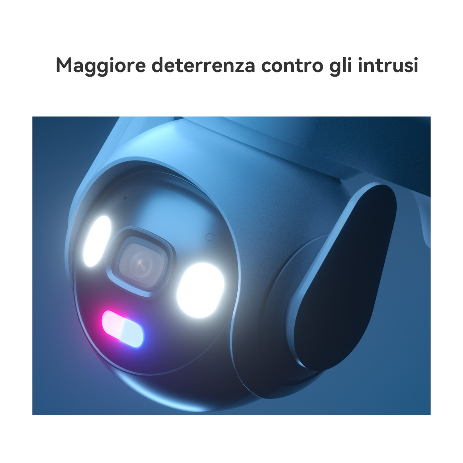 Una telecamera di sicurezza con luci LED blu e bianche illuminate.