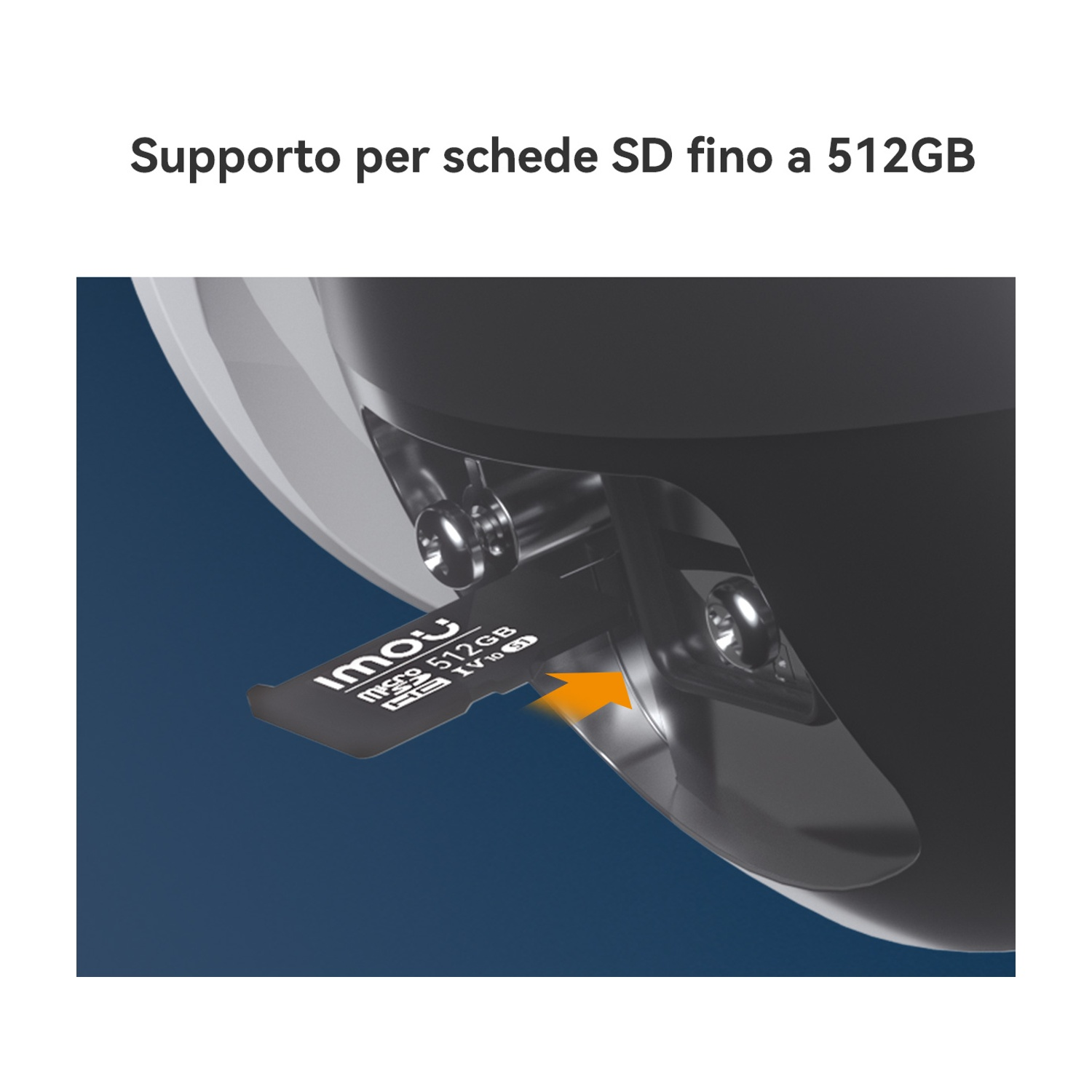 Una scheda micro SD viene inserita in uno slot. Lo sfondo è blu scuro.