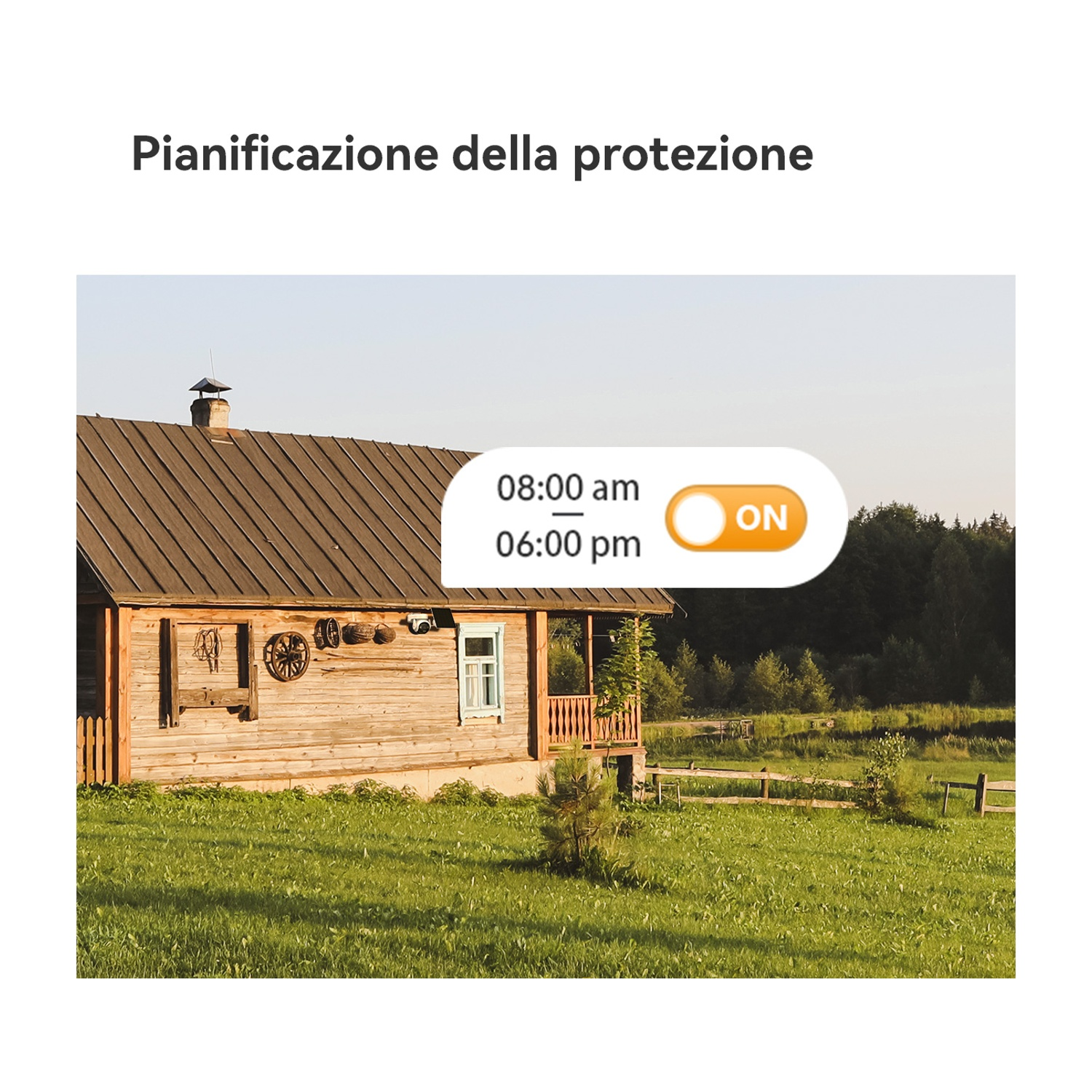 Casa in legno con portico, prato verde e alberi. Display: 8:00-18:00 ACCESO.