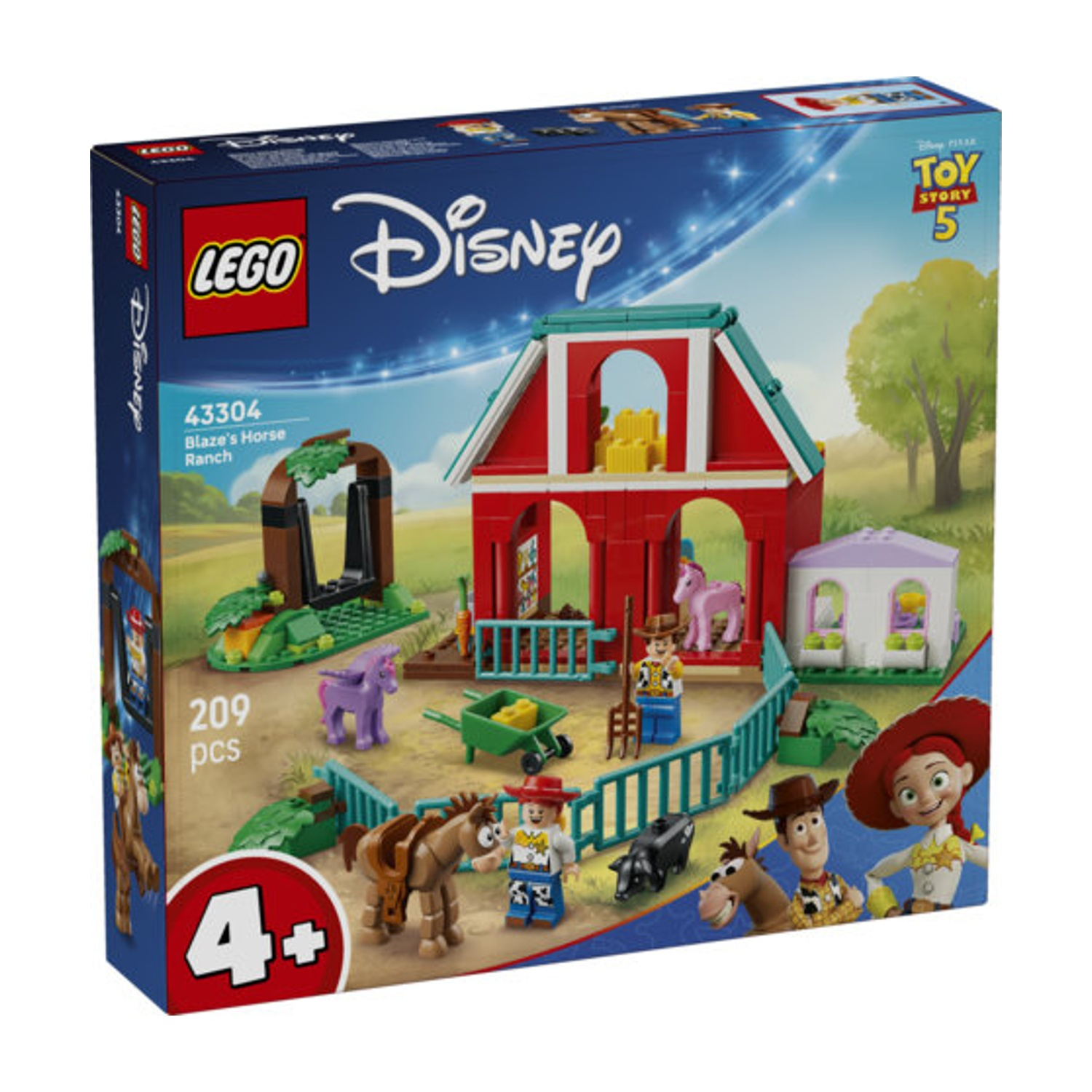 Set LEGO Disney Toy Story 5: Blaze's Horse Ranch con figure e cavalli.