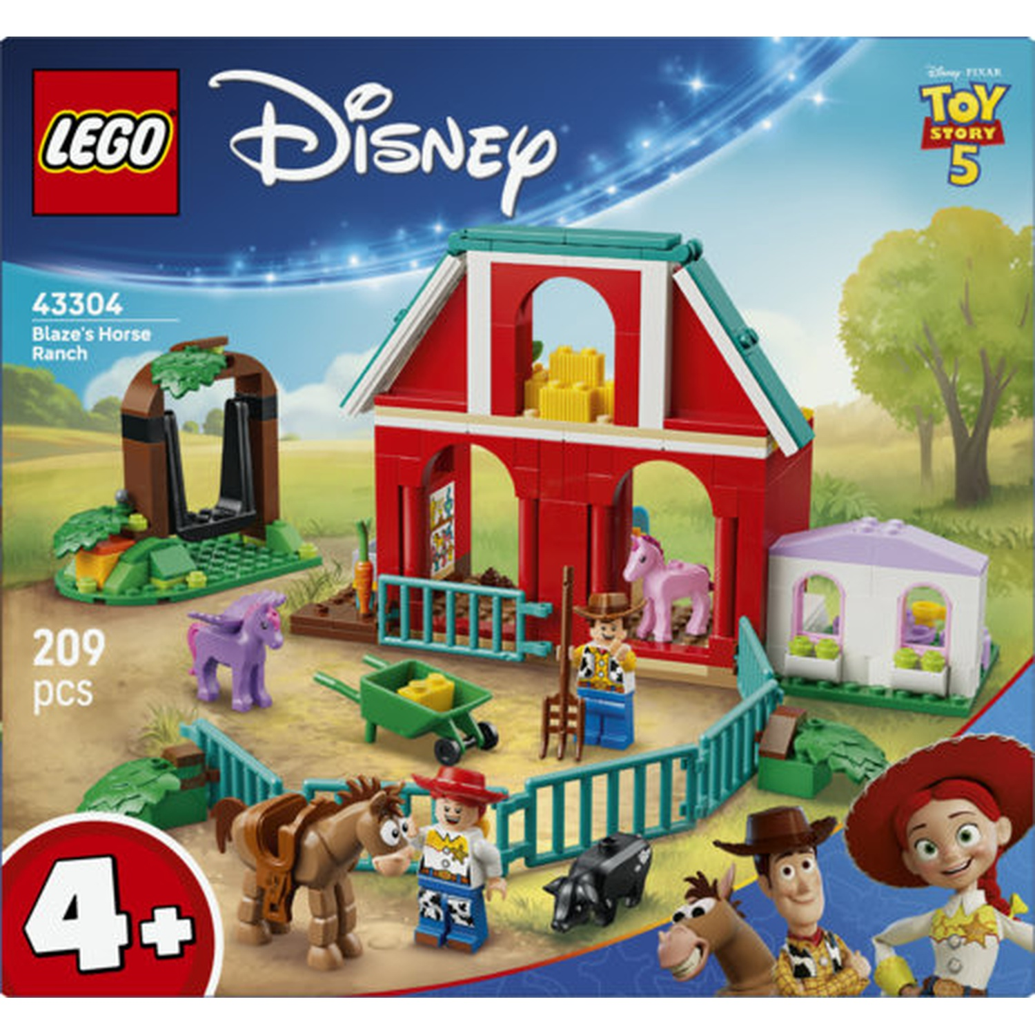 Set Lego Disney Toy Story 5 con ranch, cavalli, figure e animali da fattoria.