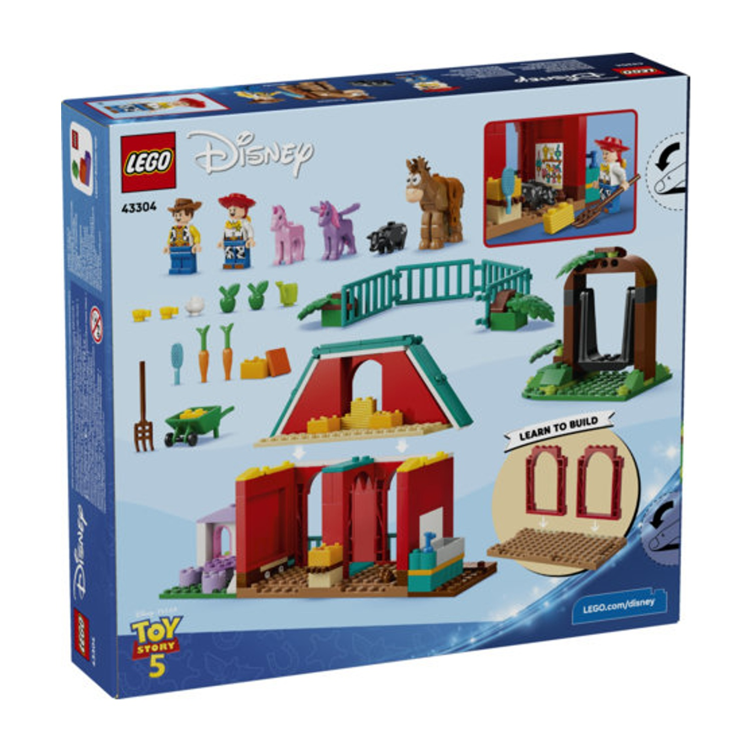 Scatola set LEGO Toy Story con Woody, Jessie, cavalli ed edifici della fattoria.