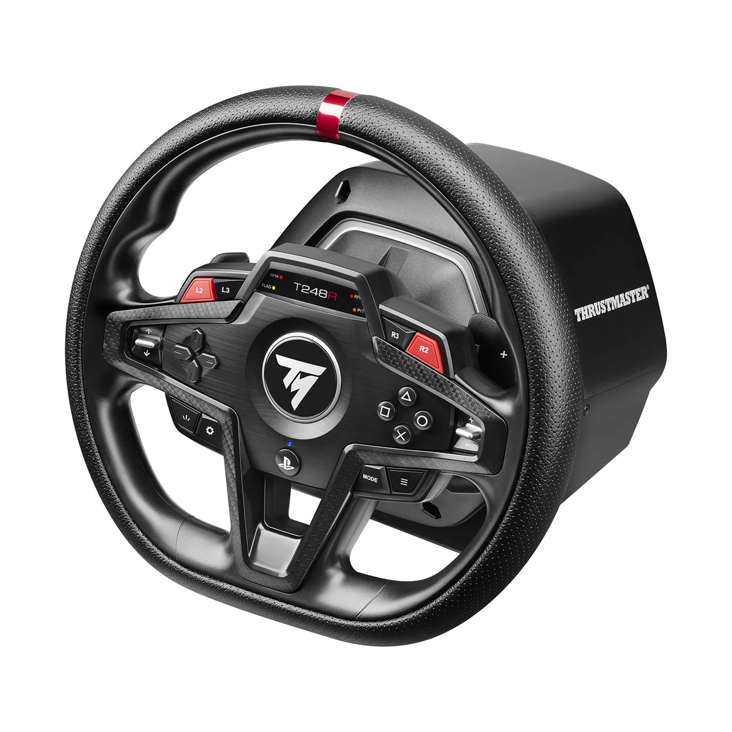 Volante da corsa nero con accenti rossi e molti pulsanti. Logo "Thrustmaster".