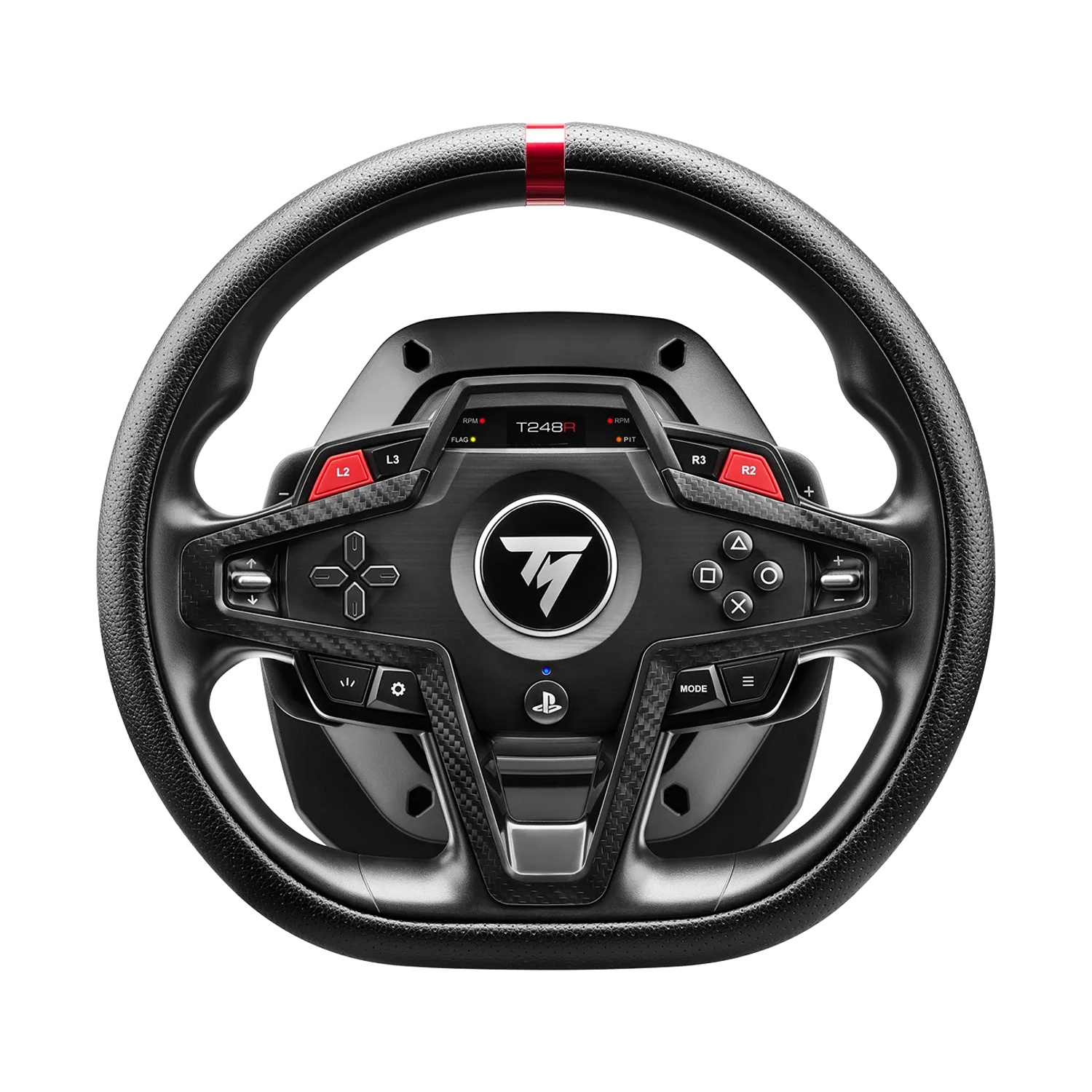 Un volante da corsa nero con accenti rossi e dettagli in fibra di carbonio.