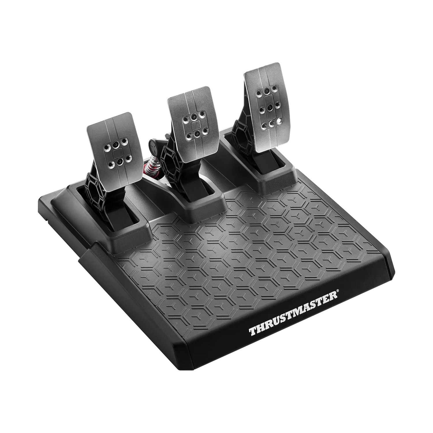 Un set di pedali Thrustmaster nero con tre pedali in metallo su una base testurizzata.