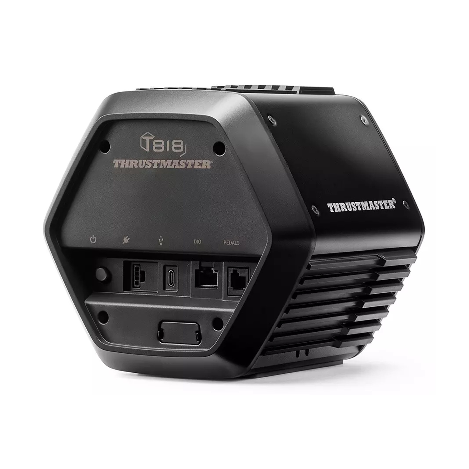 Dispositivo Thrustmaster esagonale nero con porte e fessure di ventilazione.