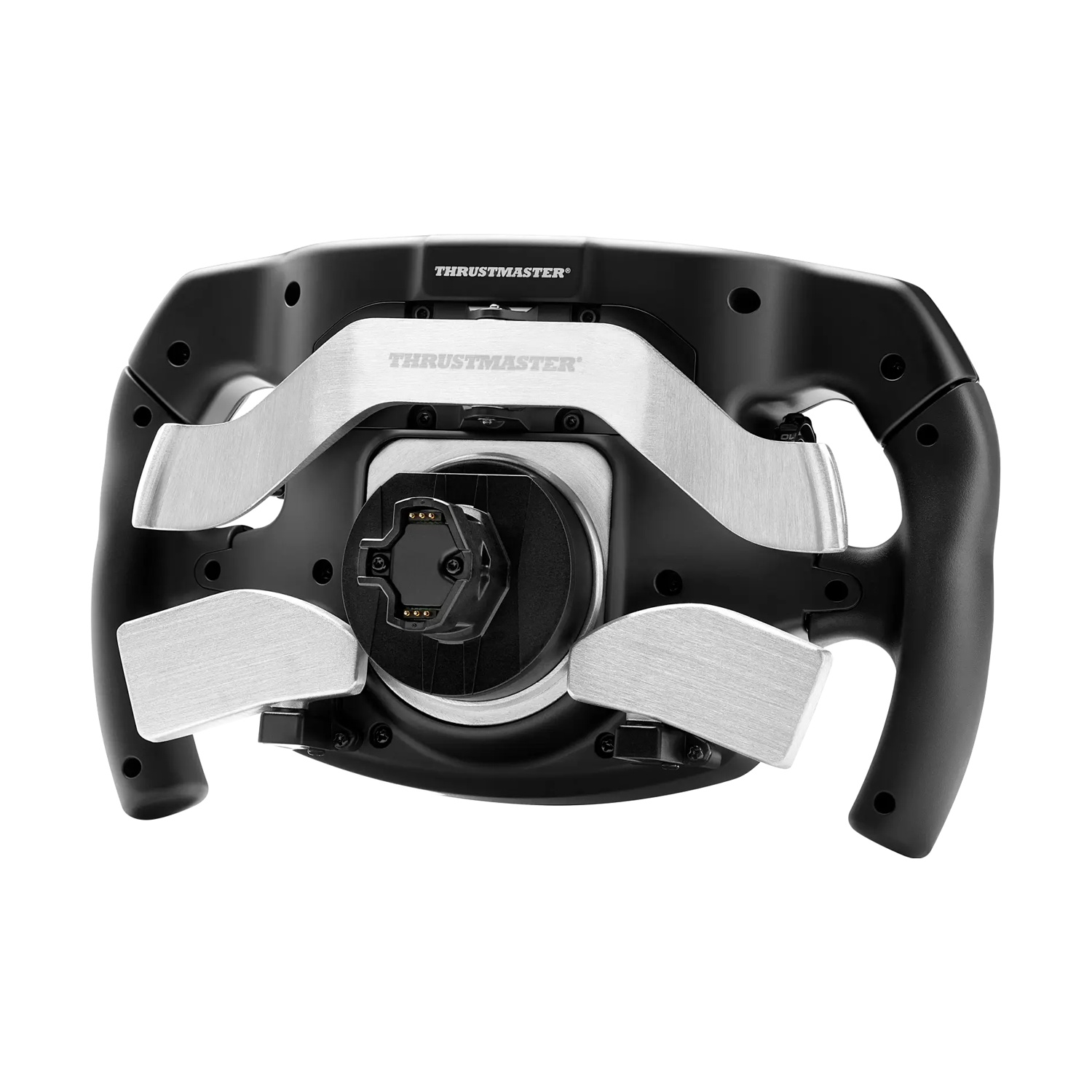 Volante da corsa nero con accenti argentati, su sfondo bianco.