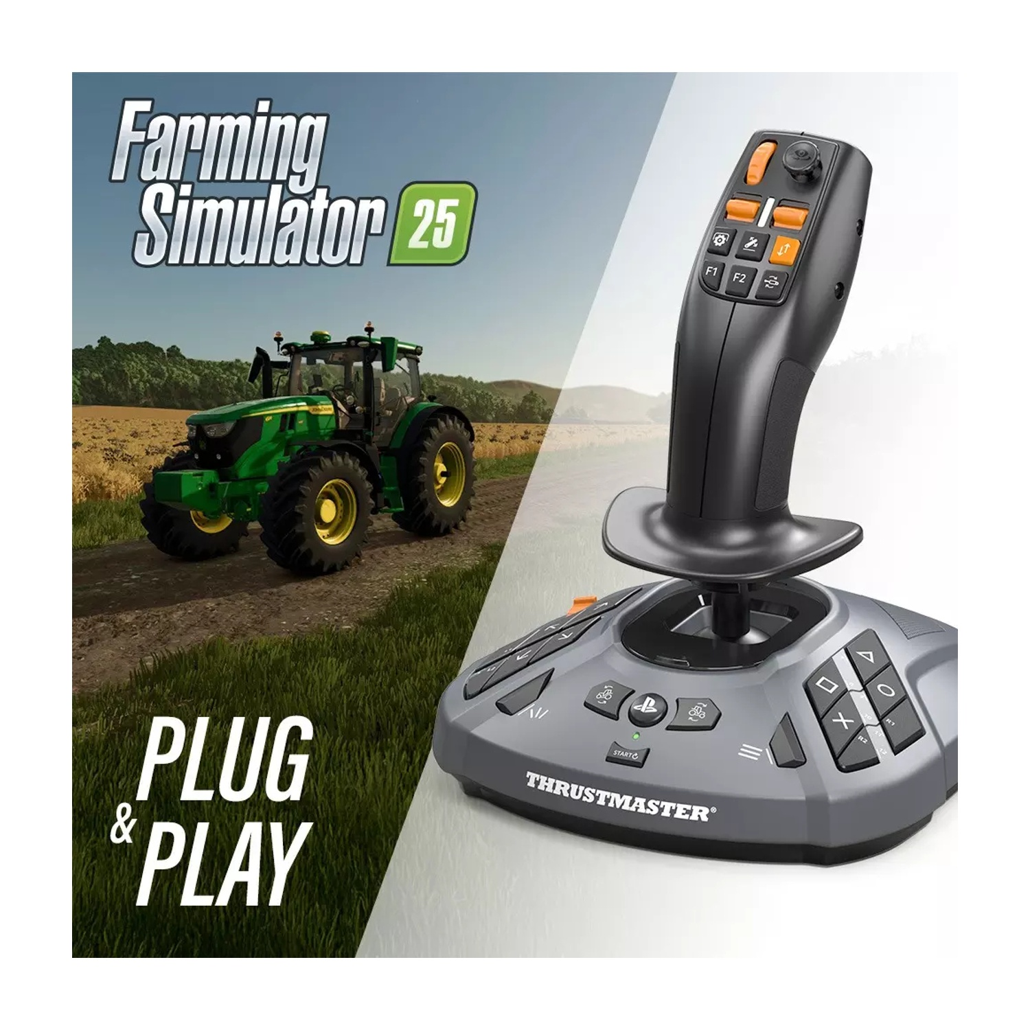 Arte del gioco Farming Simulator 25 con trattore verde e joystick Thrustmaster.