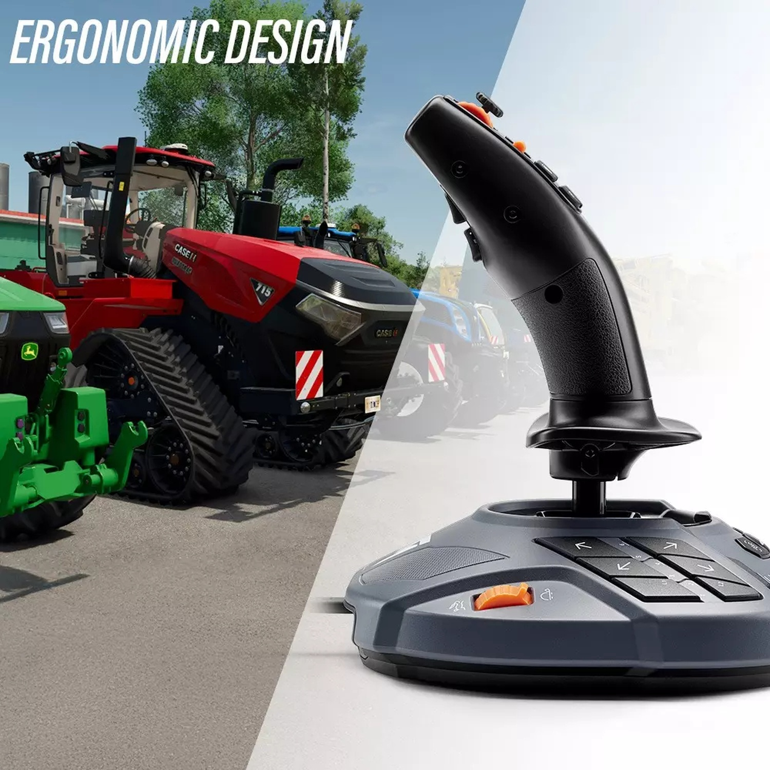 Un joystick per simulatori agricoli accanto ai trattori.