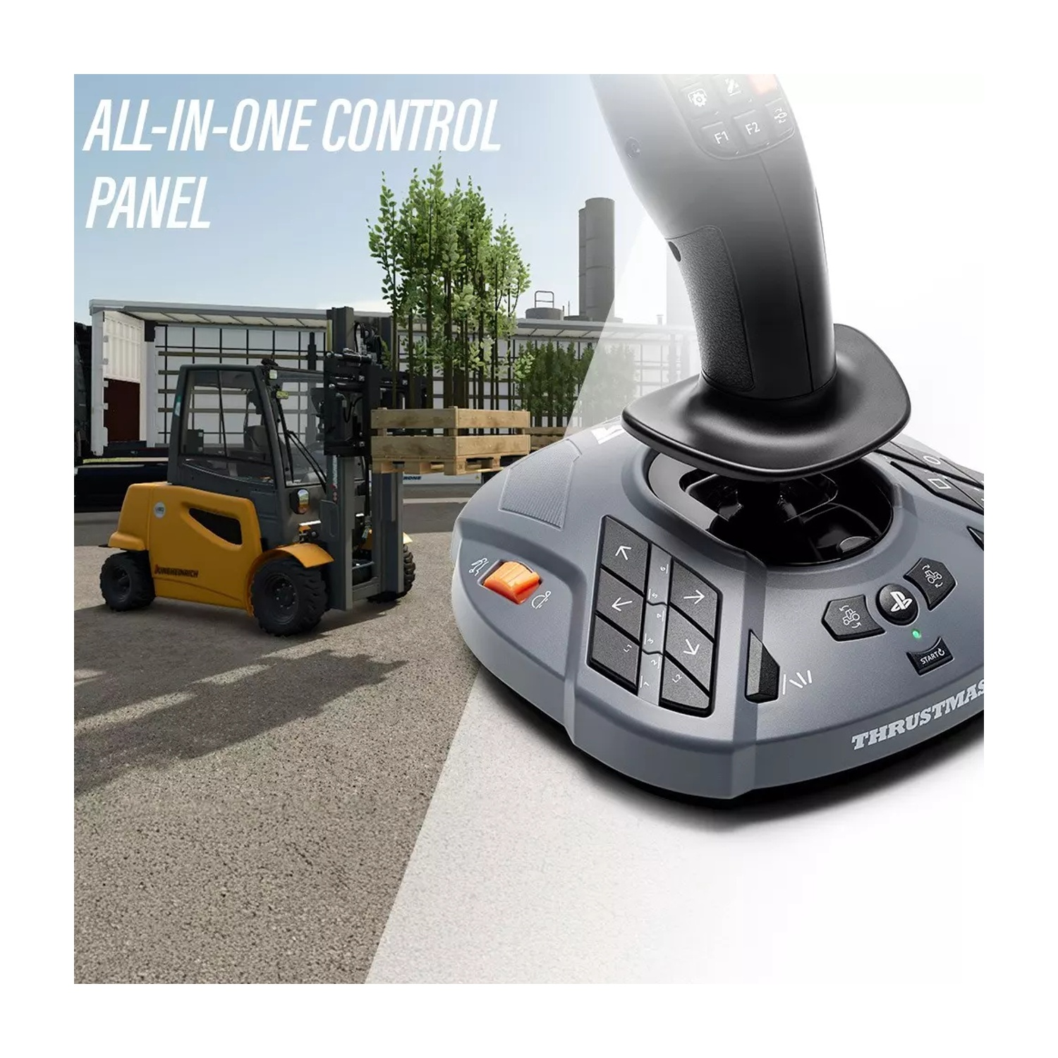Un carrello elevatore giallo accanto a un joystick grigio con molti pulsanti.