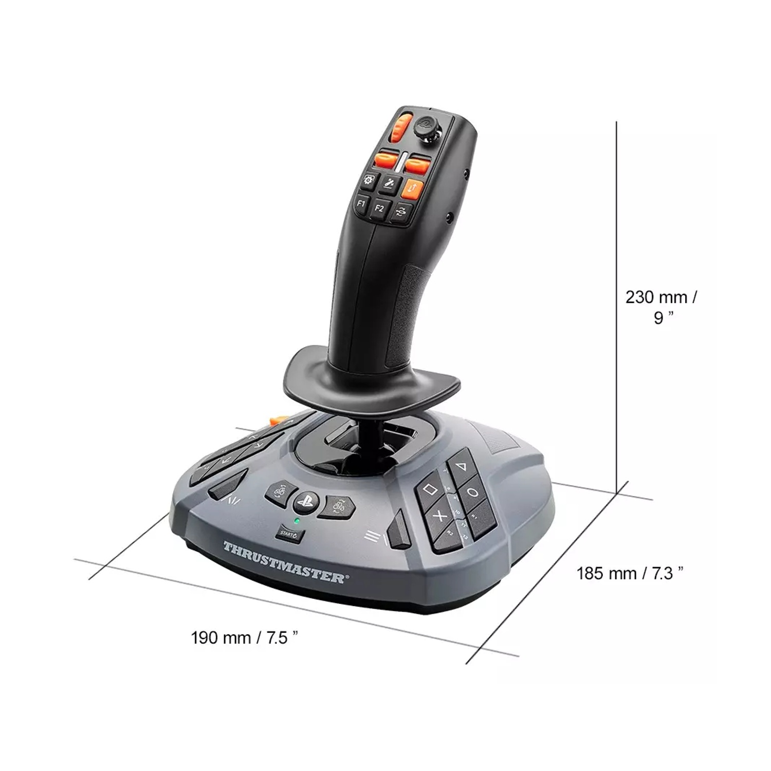 Un joystick Thrustmaster grigio con molti pulsanti e dimensioni.