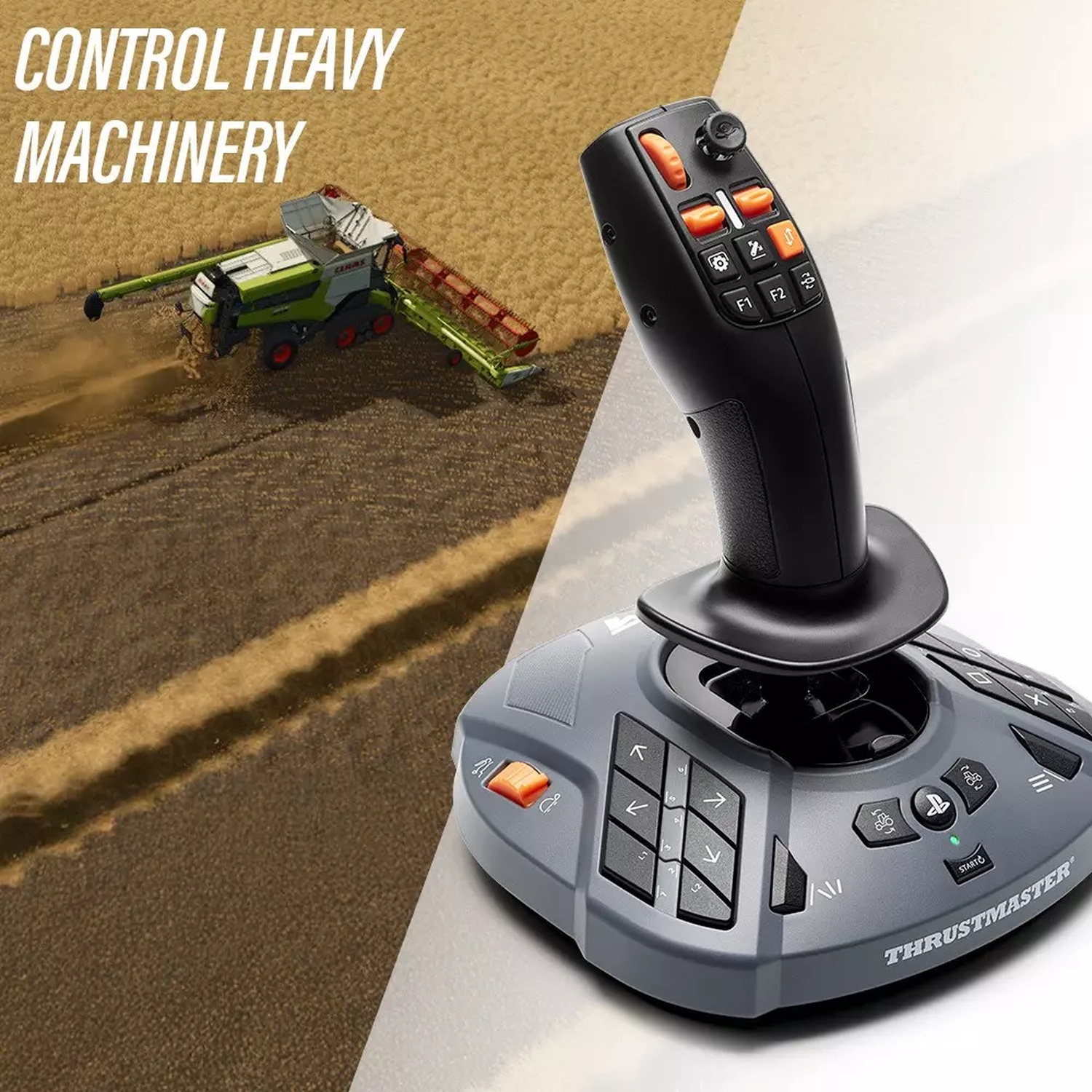 Un joystick accanto a un campo con una mietitrebbia che raccoglie i raccolti.