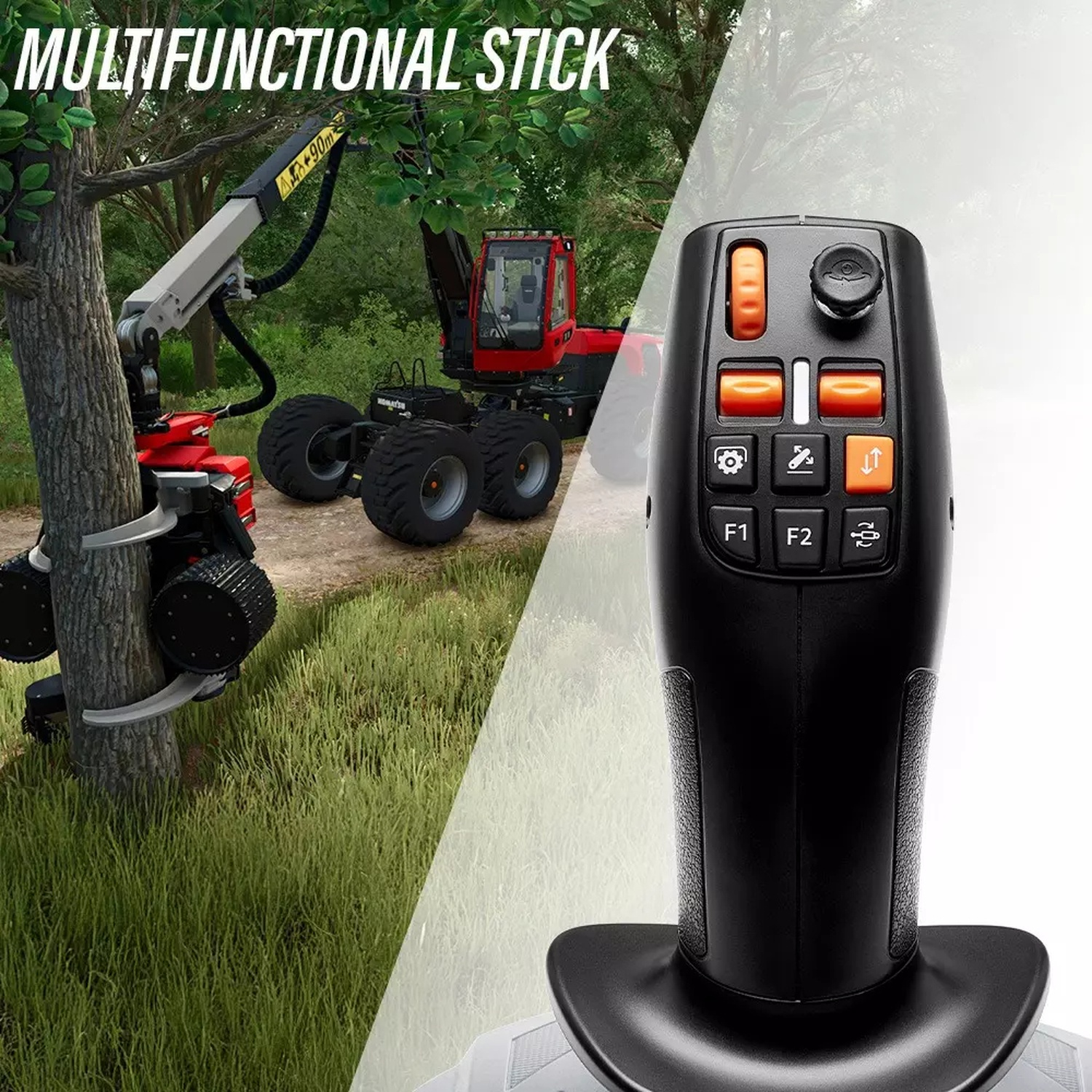 Attrezzatura forestale: caricatore con pinza su albero, gru e controllo joystick.