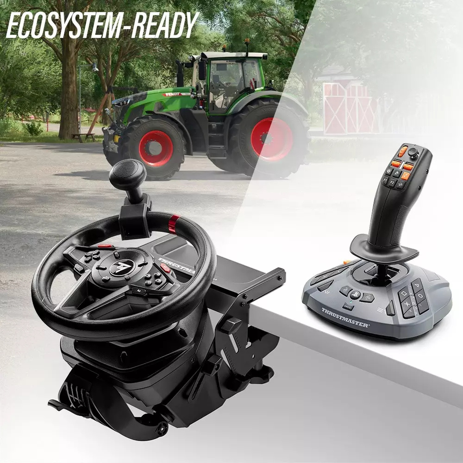 Un volante e un joystick davanti a un trattore sullo sfondo.