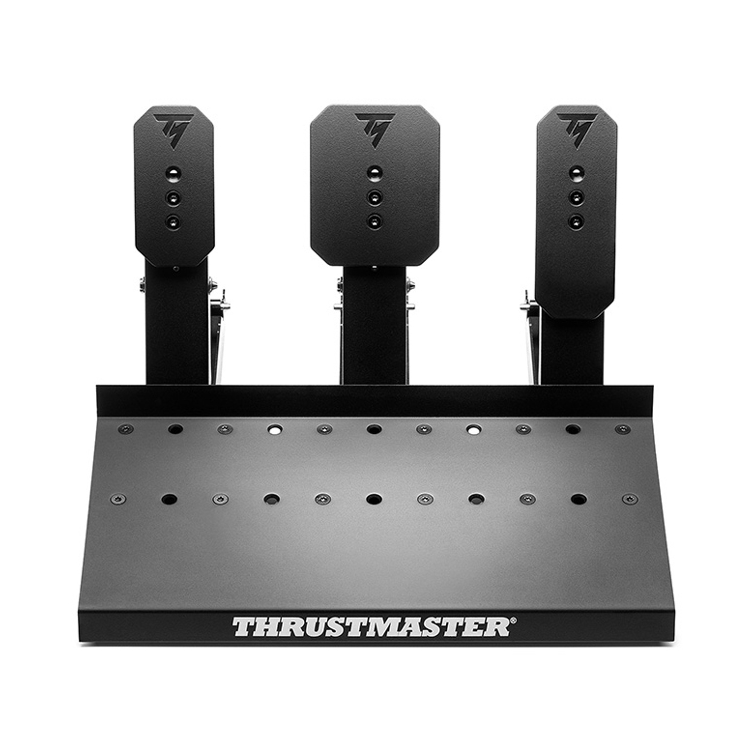 Set nero a tre pedali su base metallica con logo Thrustmaster.